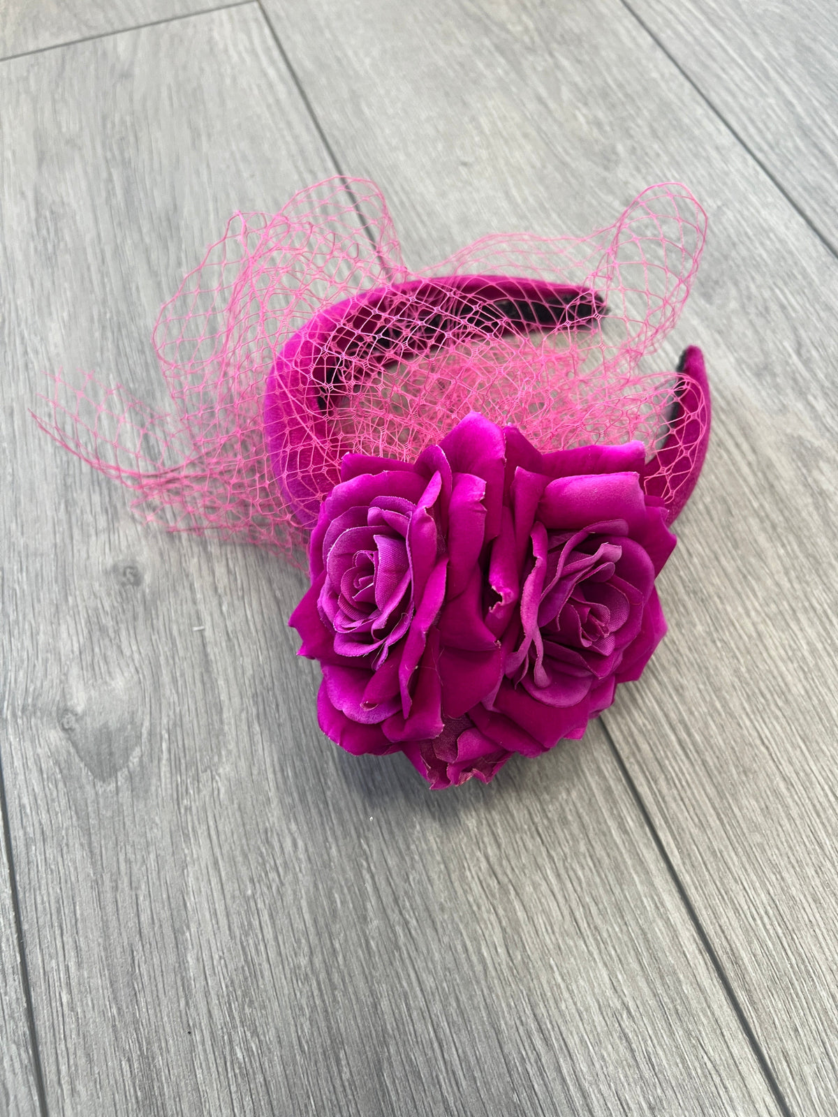 Magenta Rose &amp; Netting Chunky Headband Fascinator-Fascinators Direct