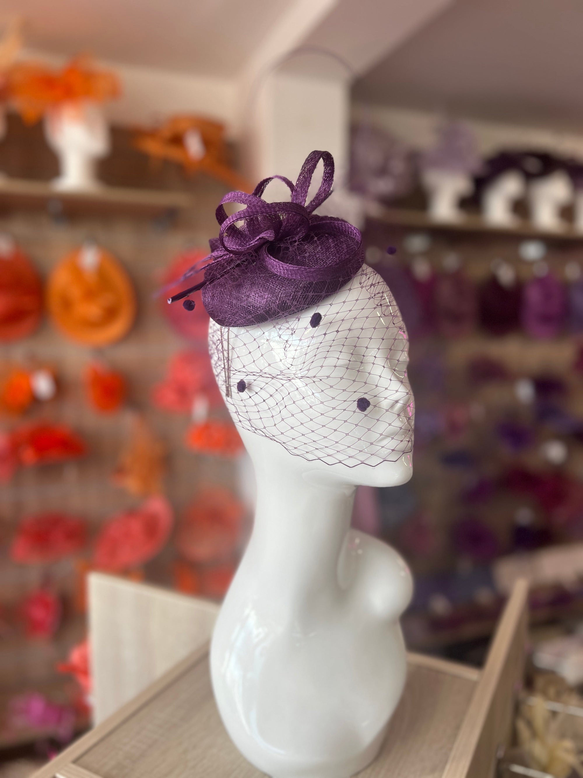 Mauve Pillbox Hat with Veil & Curled Quill-Fascinators Direct