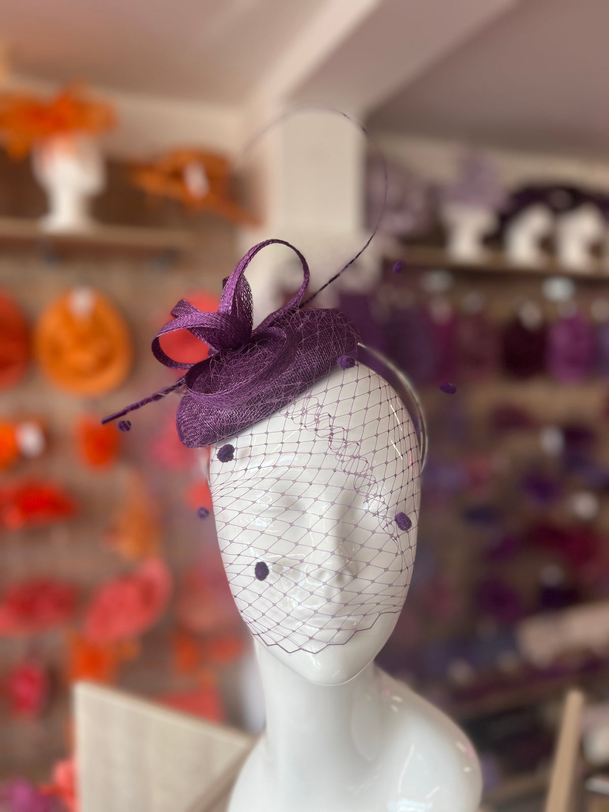 Mauve Pillbox Hat with Veil &amp; Curled Quill-Fascinators Direct