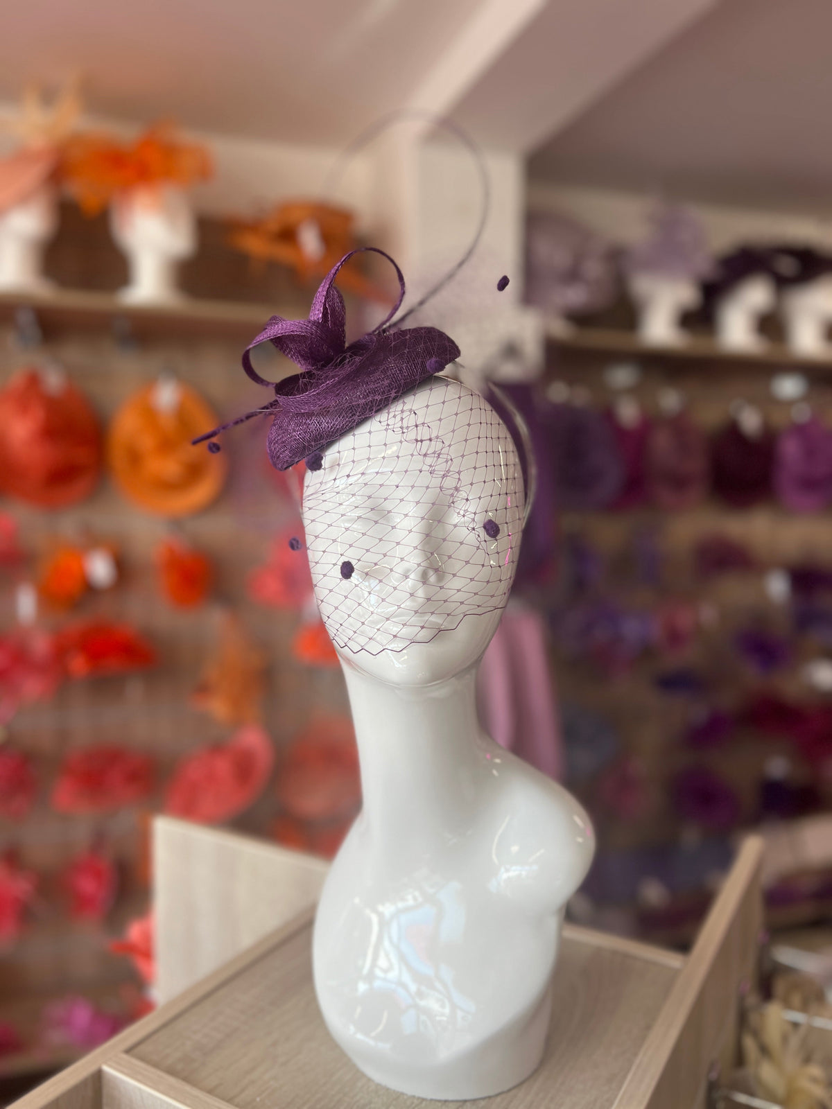 Mauve Pillbox Hat with Veil &amp; Curled Quill-Fascinators Direct