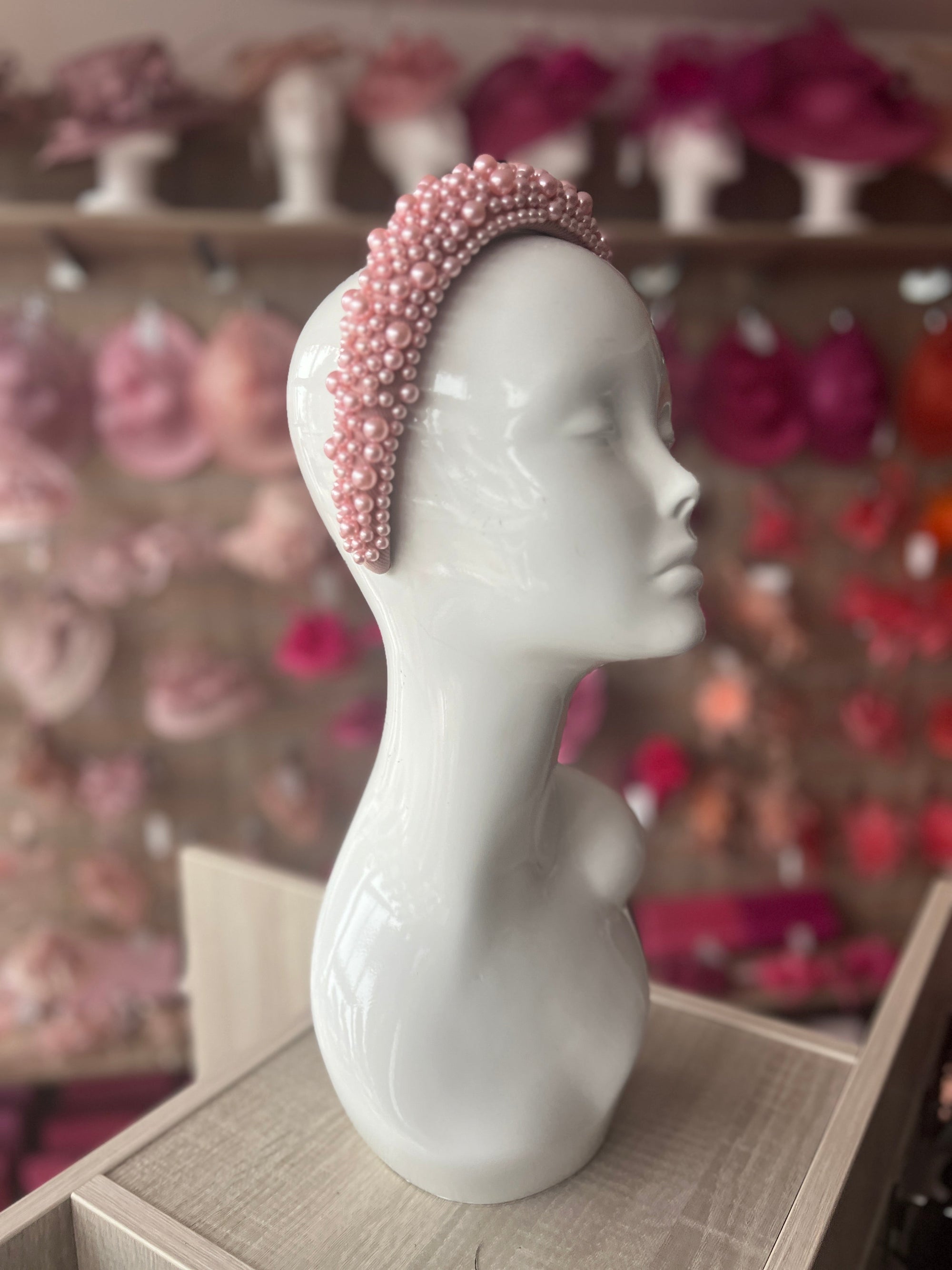 Megan Baby Pink Chunky Pearl Headband-Fascinators Direct