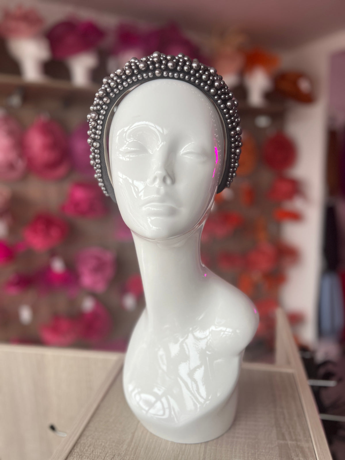 Megan Gunmetal Grey Chunky Pearl Headband-Fascinators Direct