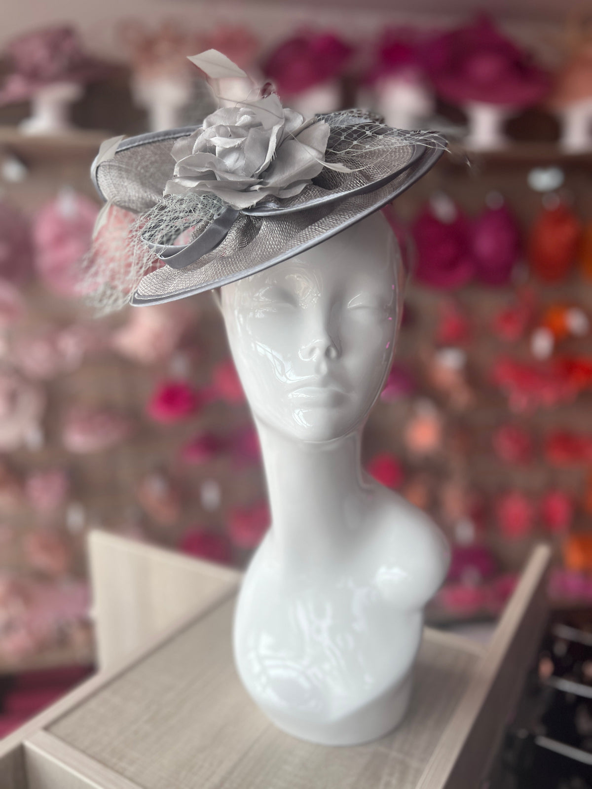 Mercury Disc Fascinator with Fabric Rose &amp; Netting-Fascinators Direct