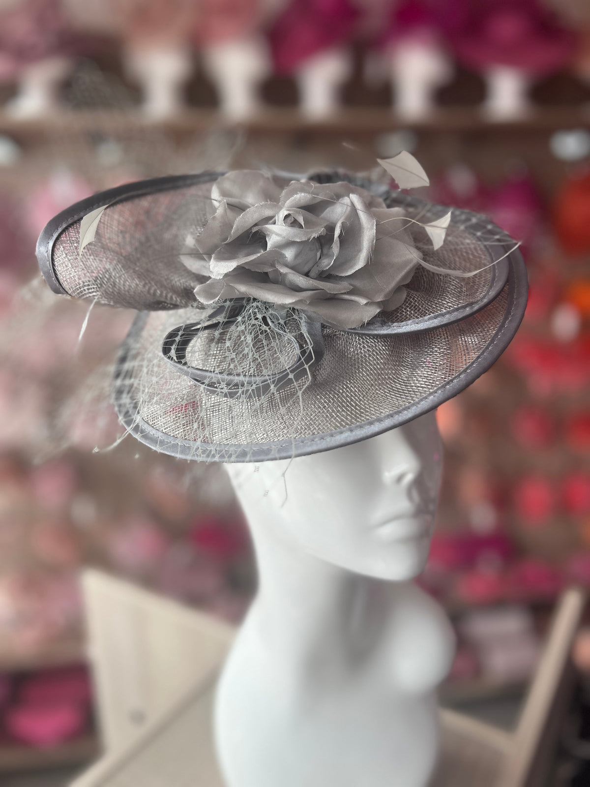 Mercury Disc Fascinator with Fabric Rose &amp; Netting-Fascinators Direct