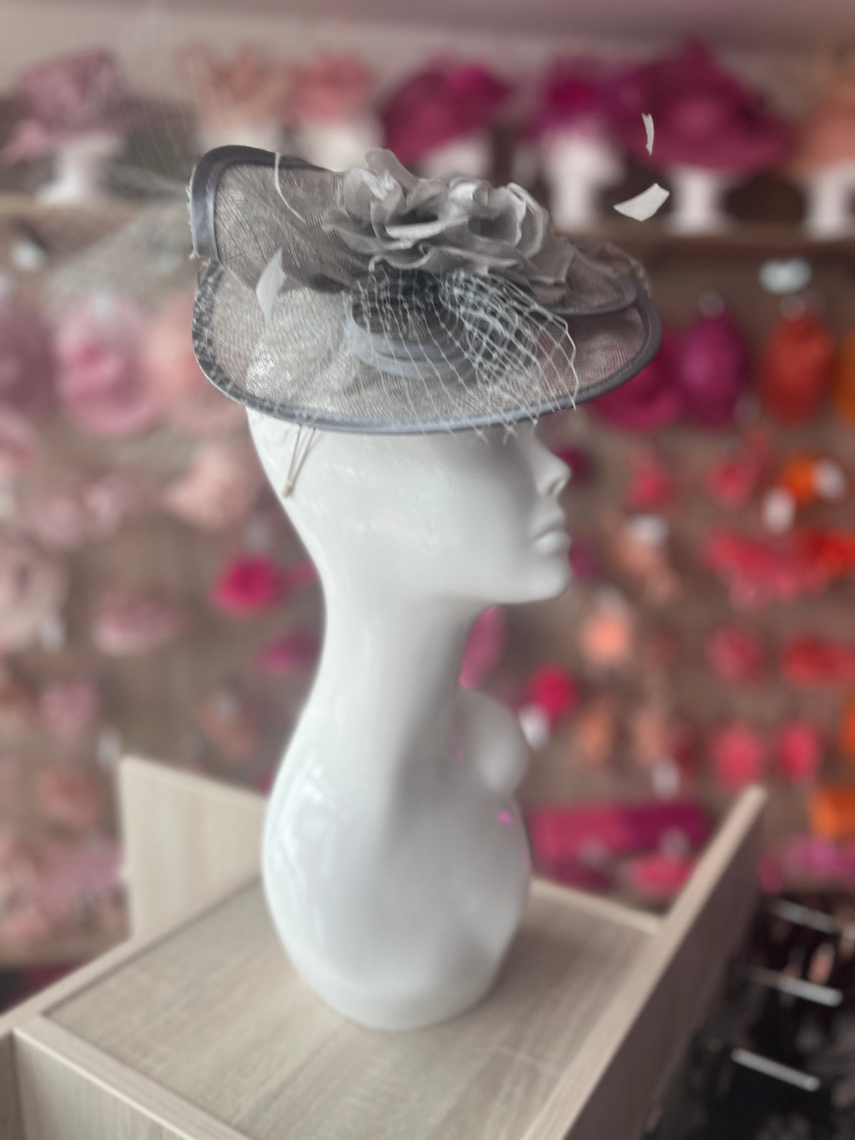 Mercury Disc Fascinator with Fabric Rose &amp; Netting-Fascinators Direct