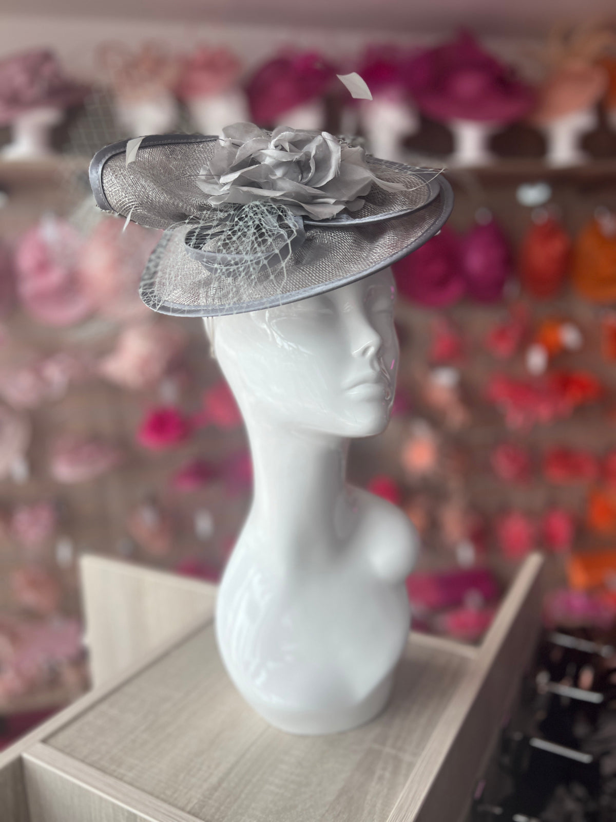 Mercury Disc Fascinator with Fabric Rose &amp; Netting-Fascinators Direct