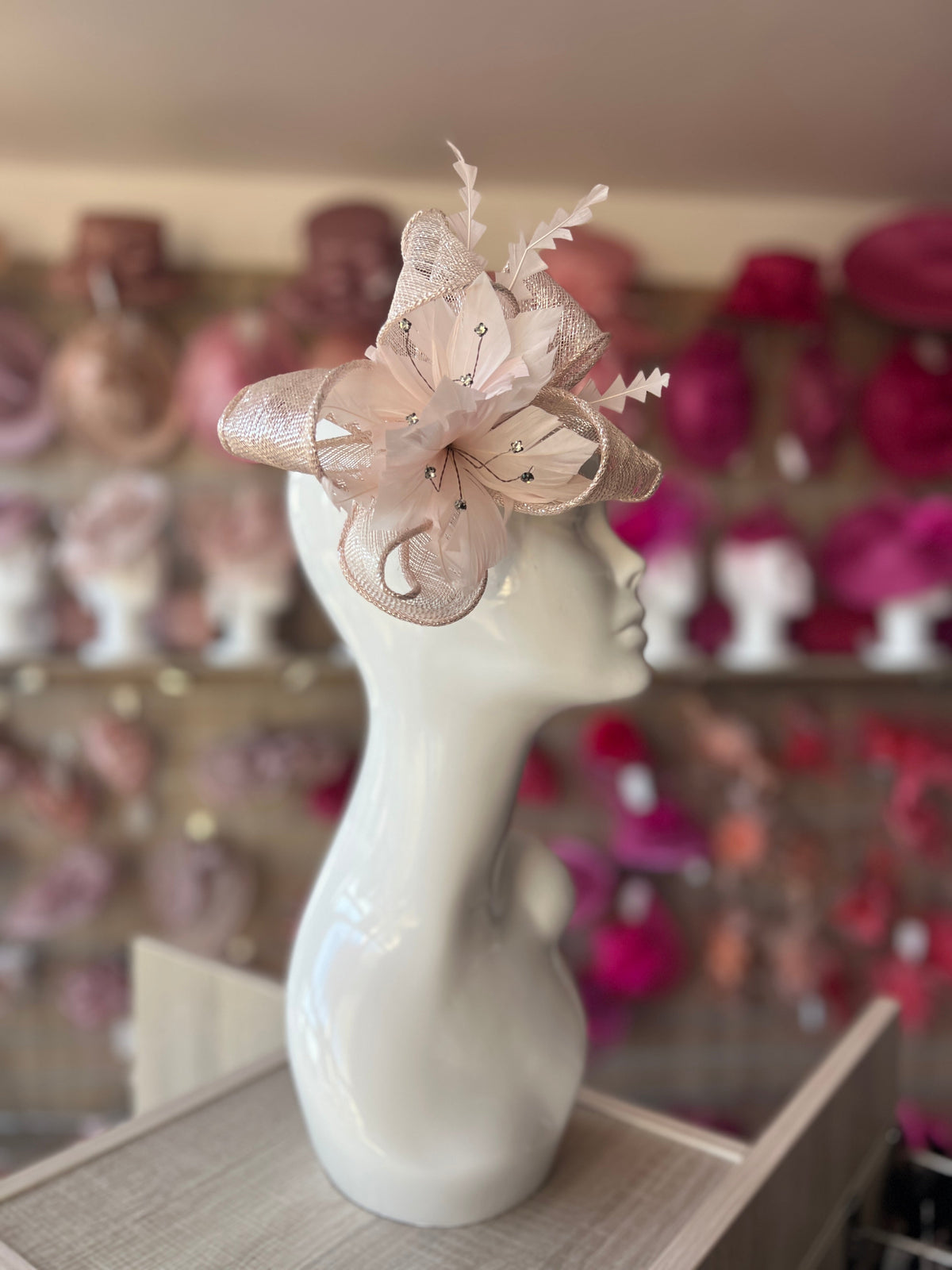 Metallic Baby Pink Hair Fascinator with Diamanté &amp; Feather Flower-Fascinators Direct