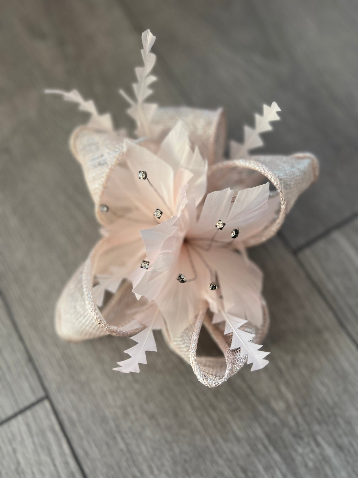 Metallic Baby Pink Hair Fascinator with Diamanté &amp; Feather Flower-Fascinators Direct