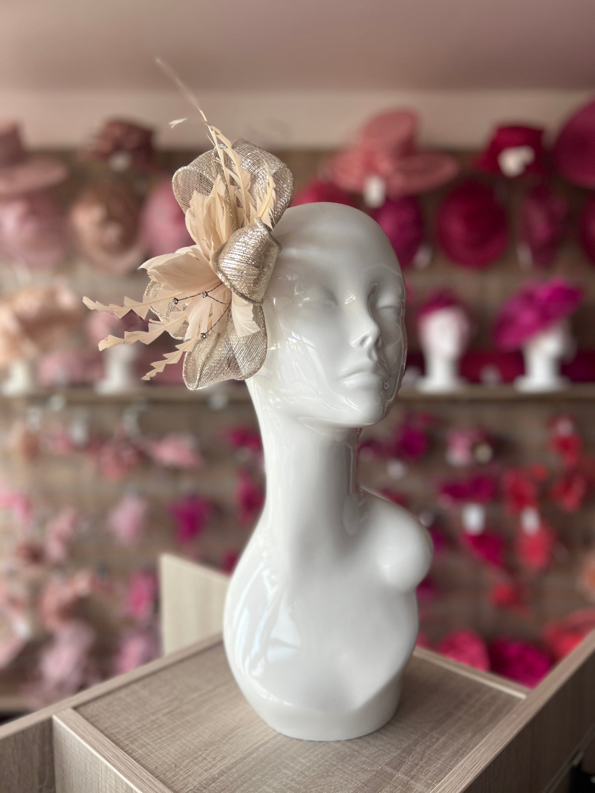 Metallic Beige Hair Fascinator with Diamanté &amp; Feather Flower-Fascinators Direct