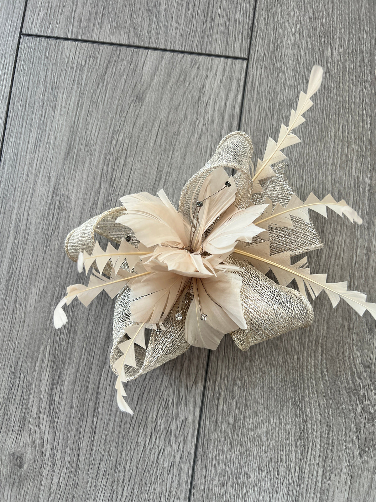 Metallic Beige Hair Fascinator with Diamanté &amp; Feather Flower-Fascinators Direct
