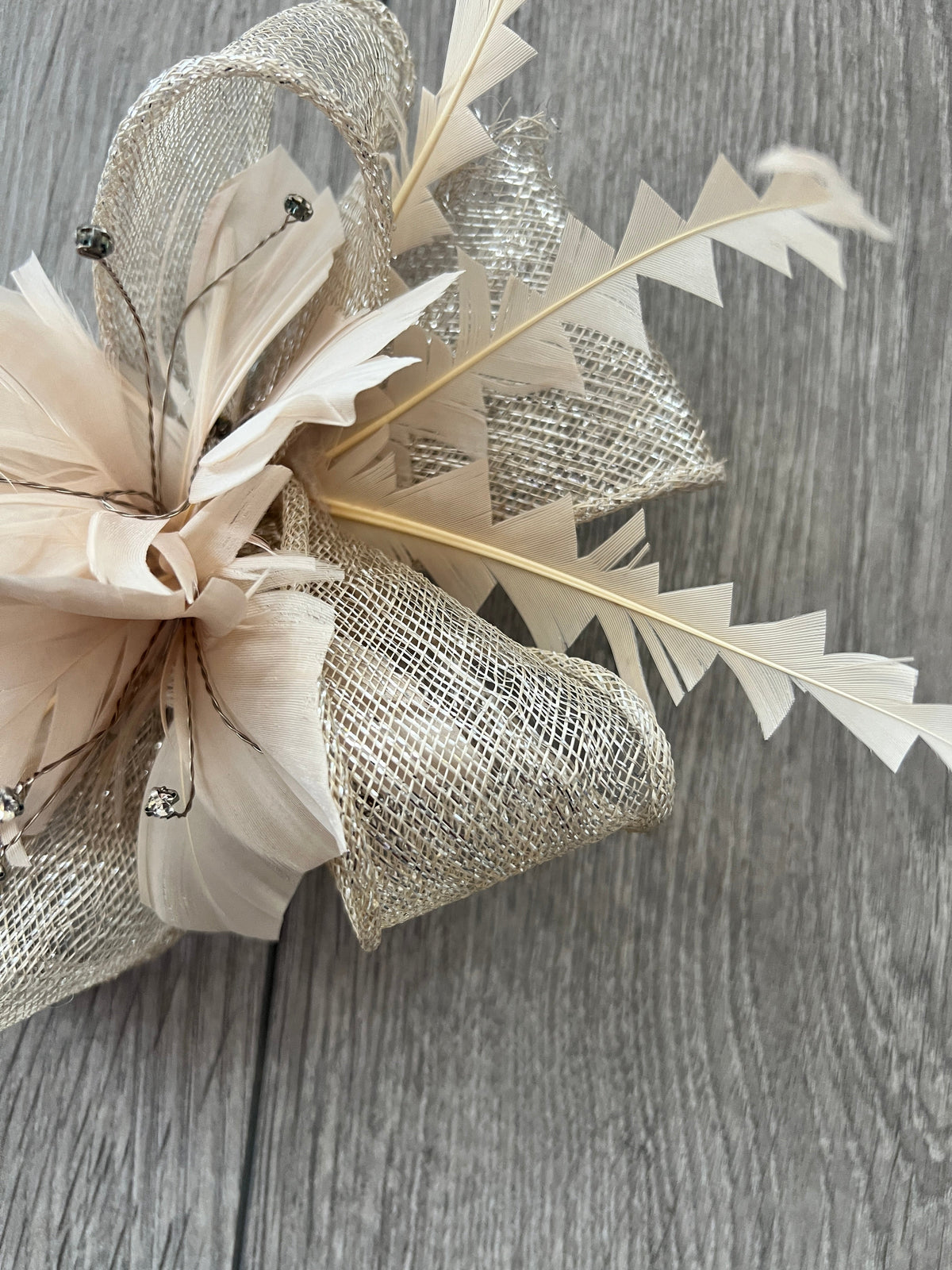 Metallic Beige Hair Fascinator with Diamanté &amp; Feather Flower-Fascinators Direct