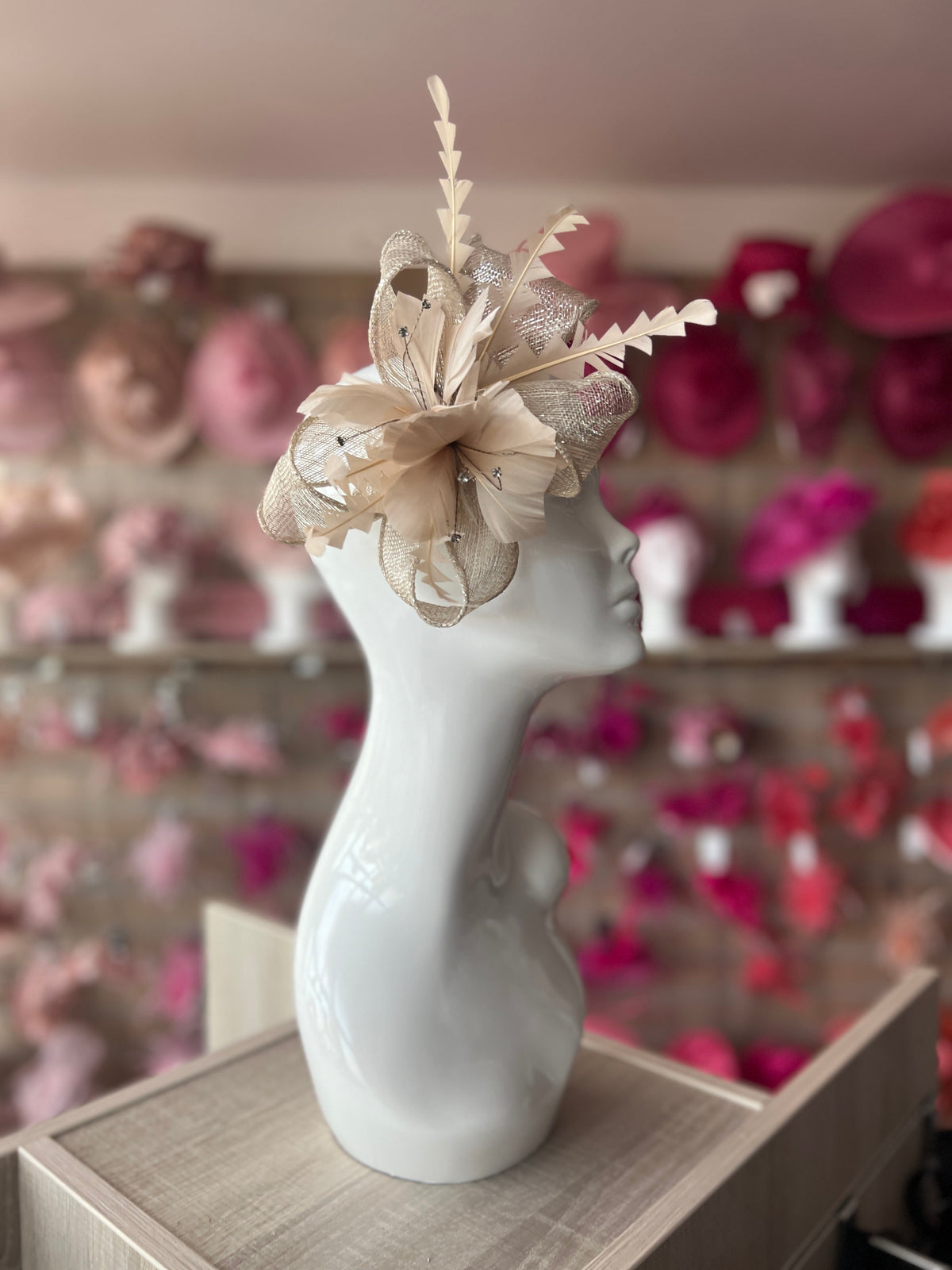 Metallic Beige Hair Fascinator with Diamanté &amp; Feather Flower-Fascinators Direct