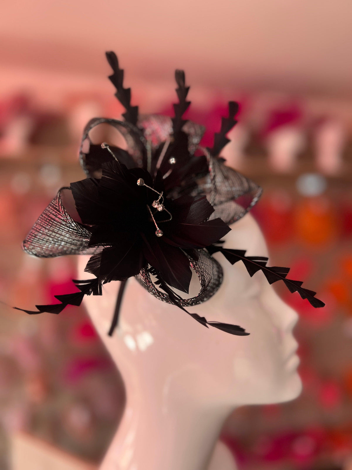 Metallic Black Hair Fascinator with Diamanté &amp; Feather Flower-Fascinators Direct