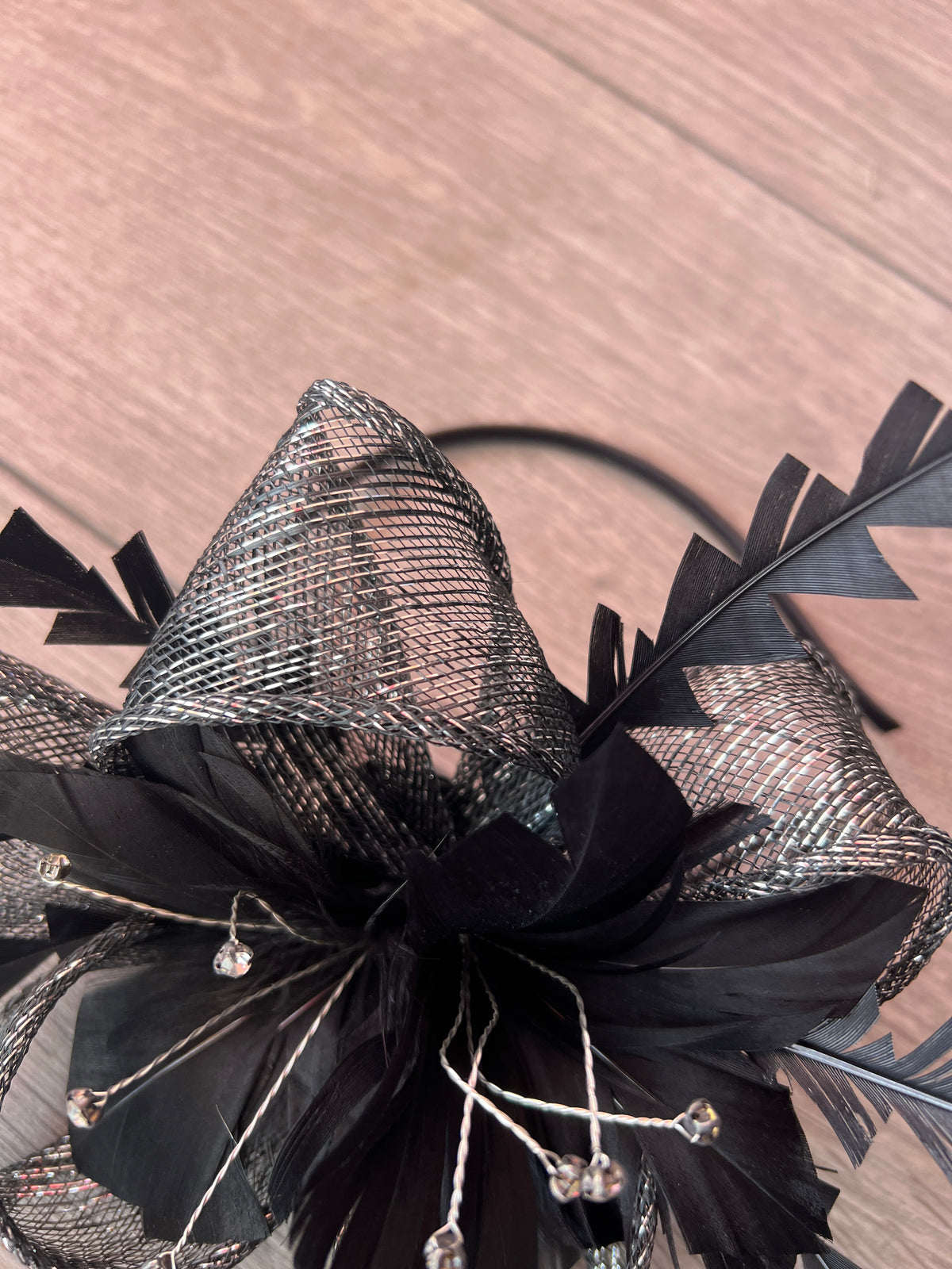 Metallic Black Hair Fascinator with Diamanté &amp; Feather Flower-Fascinators Direct