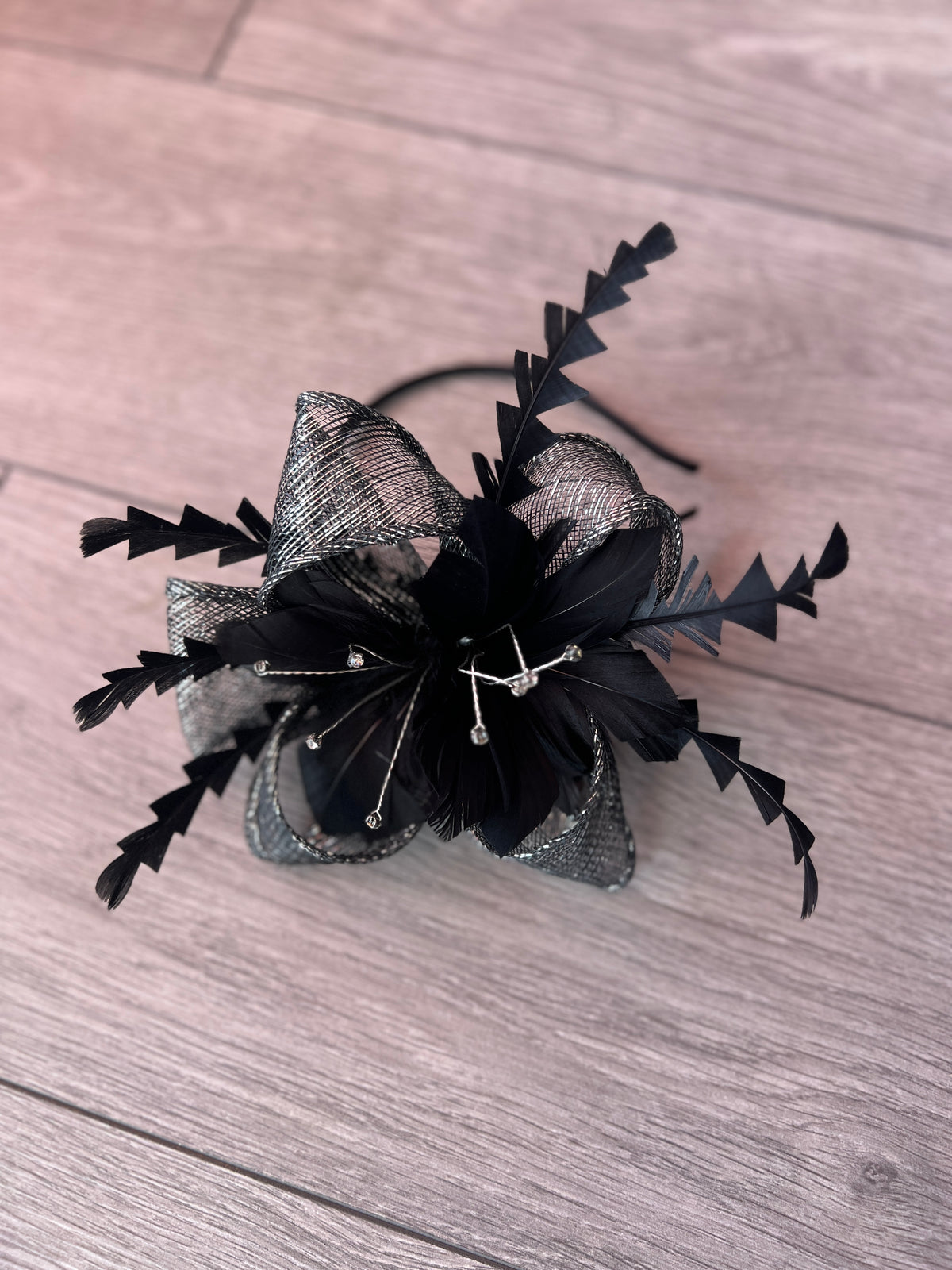 Metallic Black Hair Fascinator with Diamanté &amp; Feather Flower-Fascinators Direct