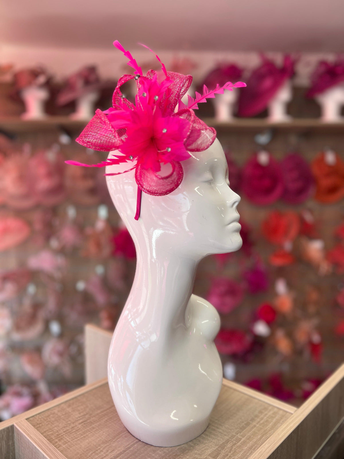 Metallic Cerise Hair Fascinator with Diamanté &amp; Feather Flower-Fascinators Direct