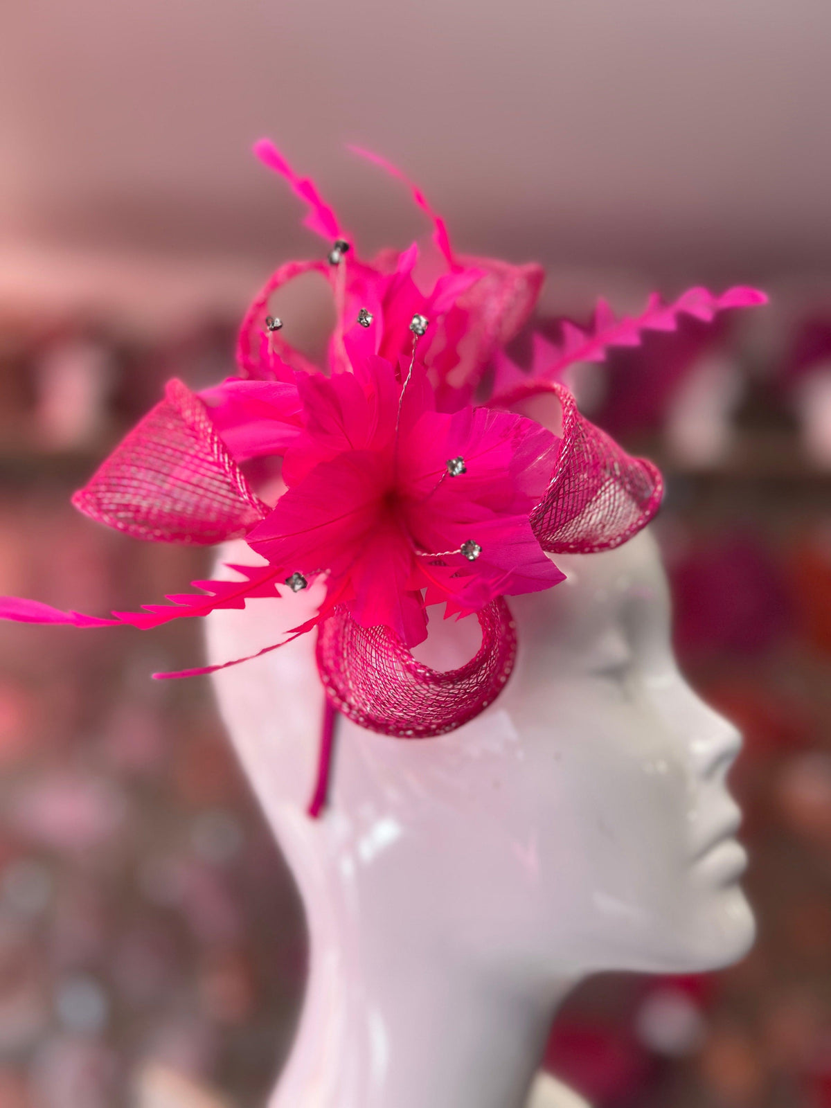 Metallic Cerise Hair Fascinator with Diamanté &amp; Feather Flower-Fascinators Direct