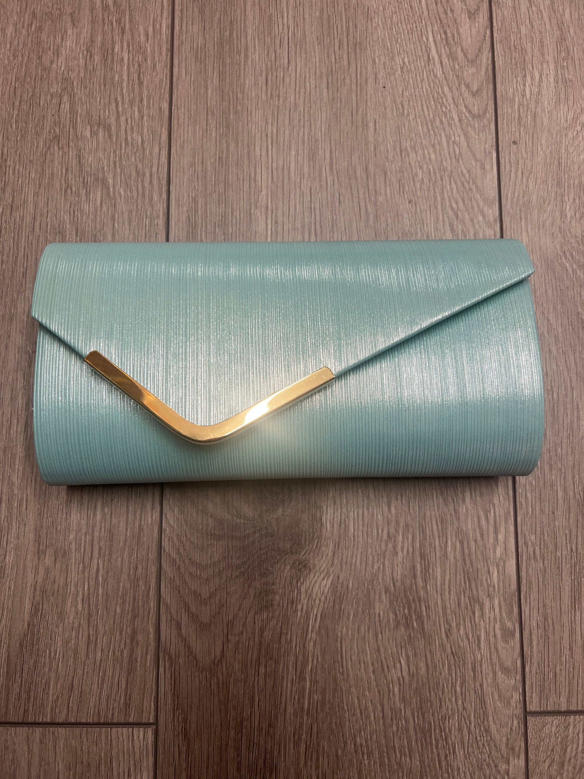 Metallic Clutch Bag With Gold Trim- Mint Blue-Fascinators Direct