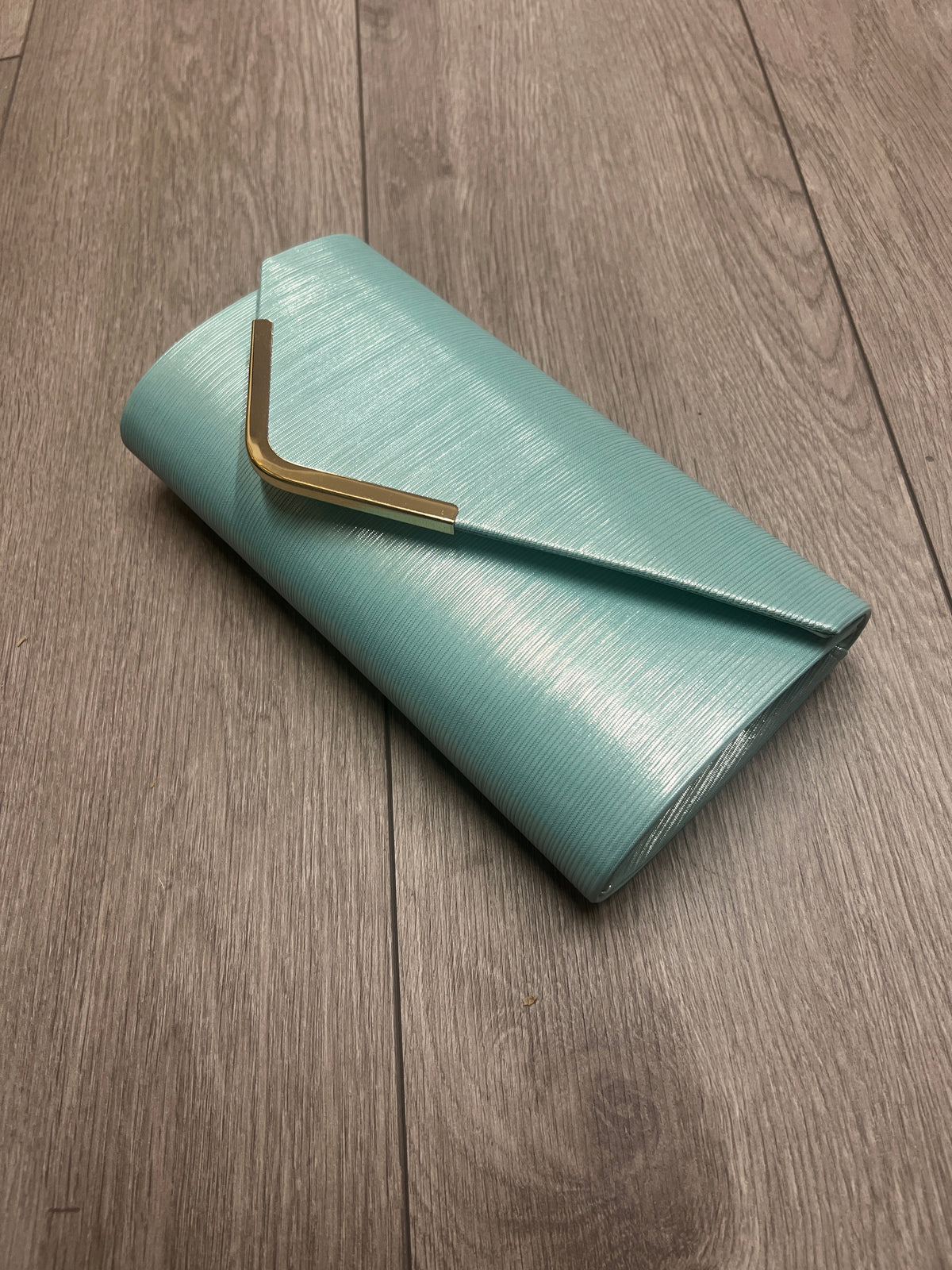 Metallic Clutch Bag With Gold Trim- Mint Blue-Fascinators Direct