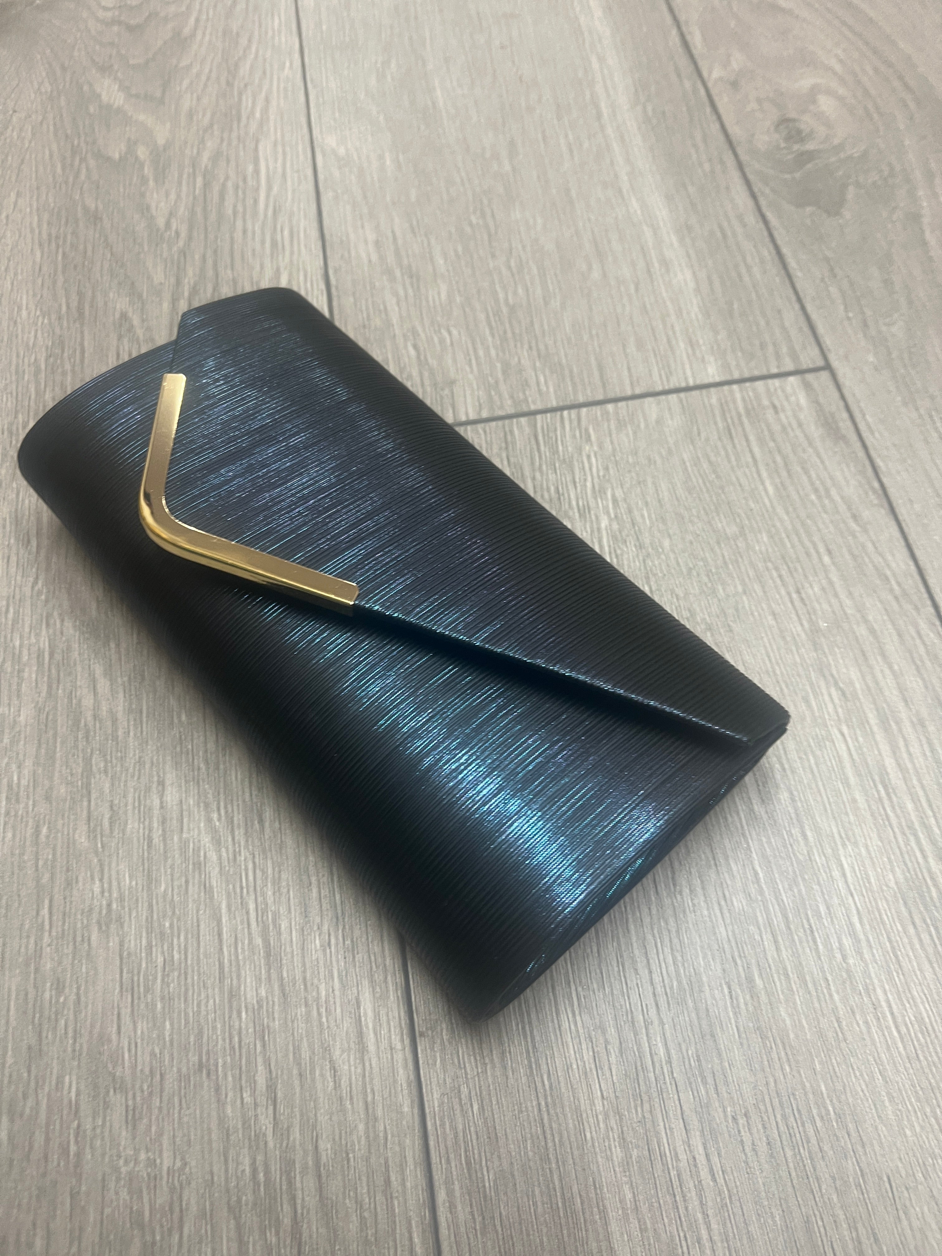 Metallic Clutch Bag With Gold Trim- Navy