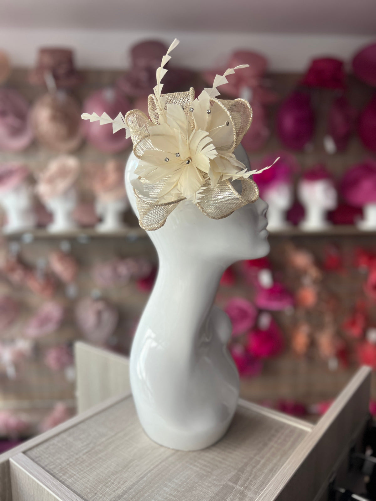 Metallic Cream Hair Fascinator with Diamanté &amp; Feather Flower-Fascinators Direct