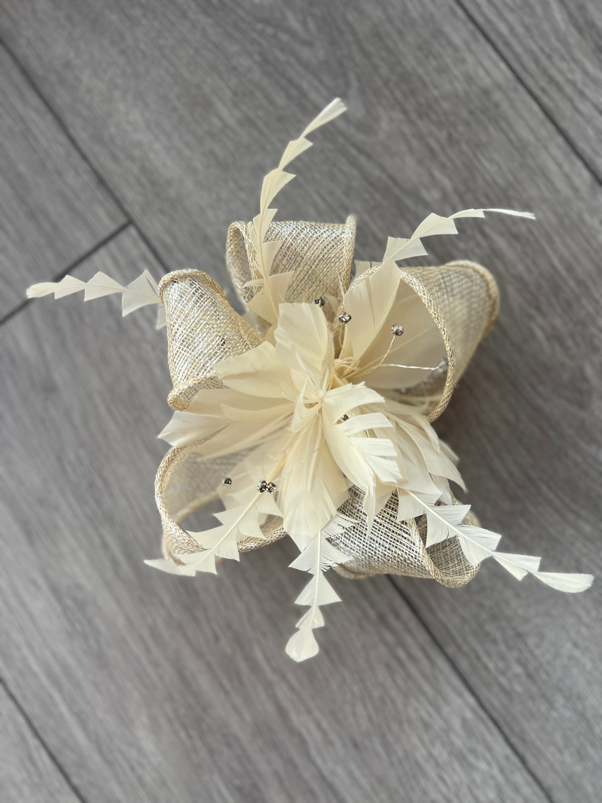 Metallic Cream Hair Fascinator with Diamanté &amp; Feather Flower-Fascinators Direct
