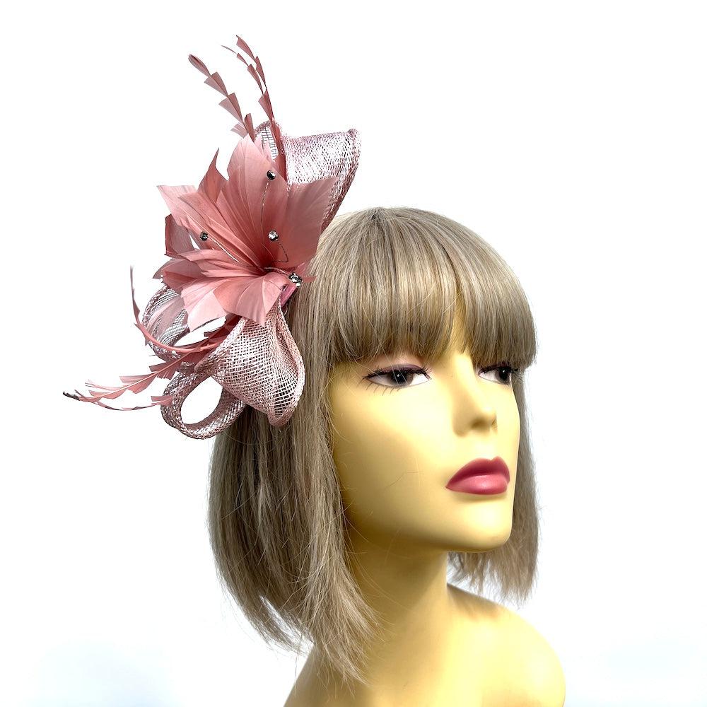 Metallic Dusky Pink Hair Fascinator with Diamanté & Feather Flower-Fascinators Direct