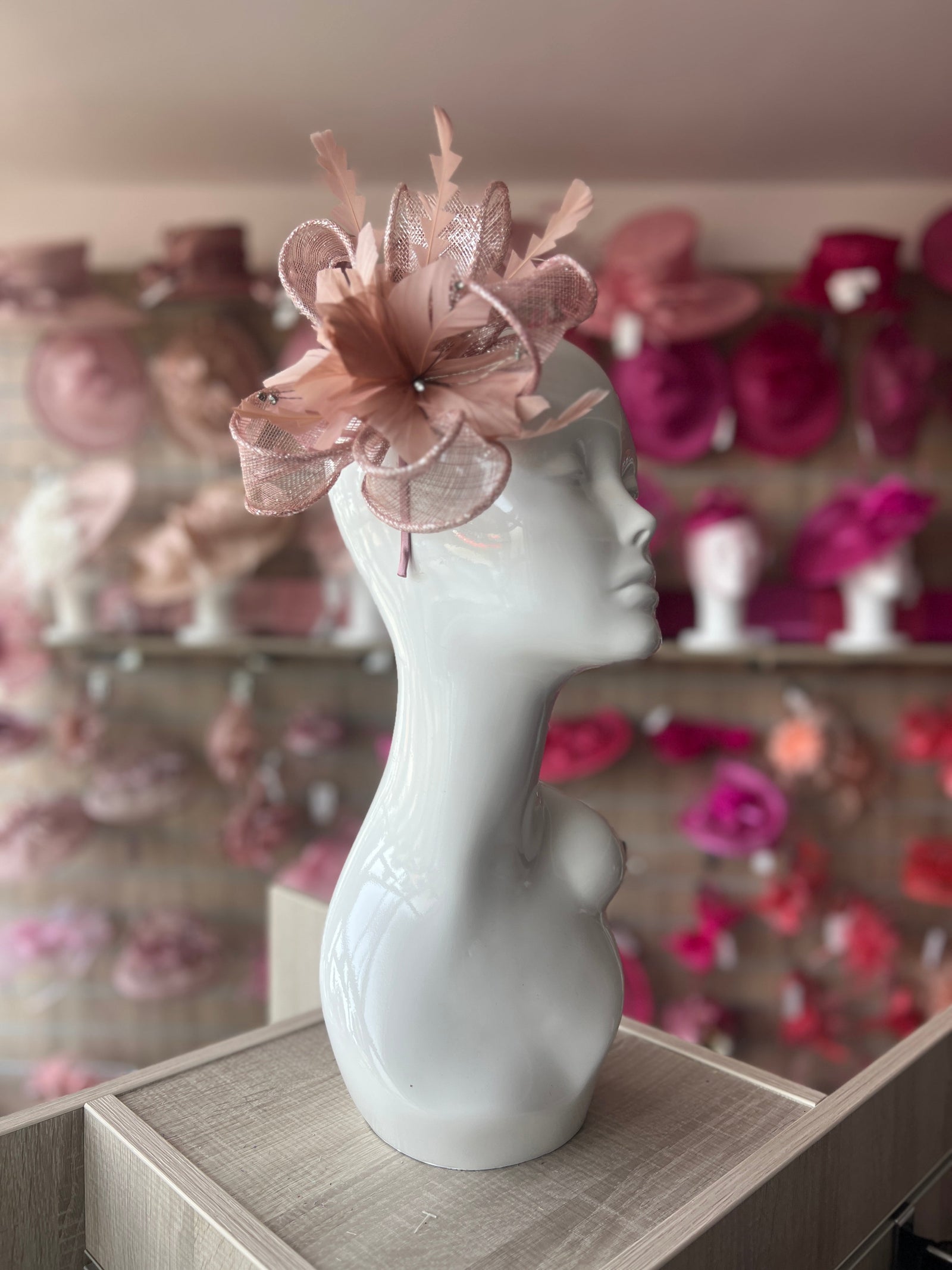 Metallic Dusky Pink Hair Fascinator with Diamanté & Feather Flower-Fascinators Direct