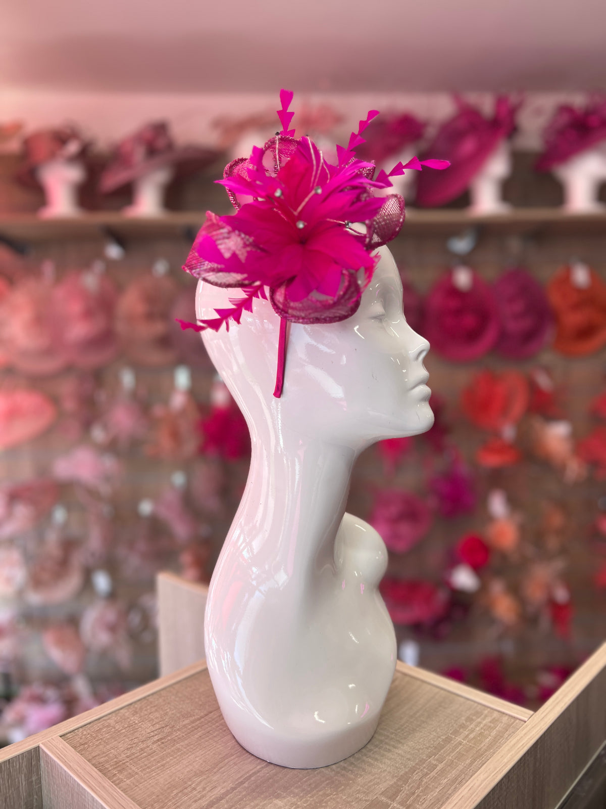 Metallic Fuchsia Hair Fascinator with Diamanté &amp; Feather Flower-Fascinators Direct
