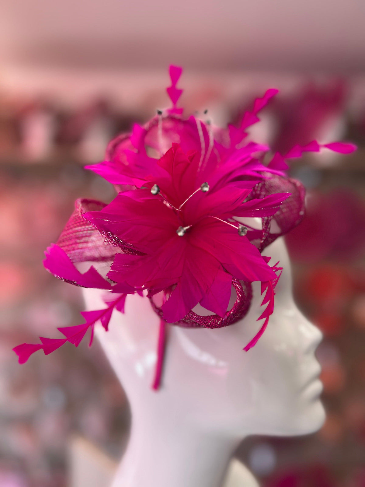 Metallic Fuchsia Hair Fascinator with Diamanté &amp; Feather Flower-Fascinators Direct