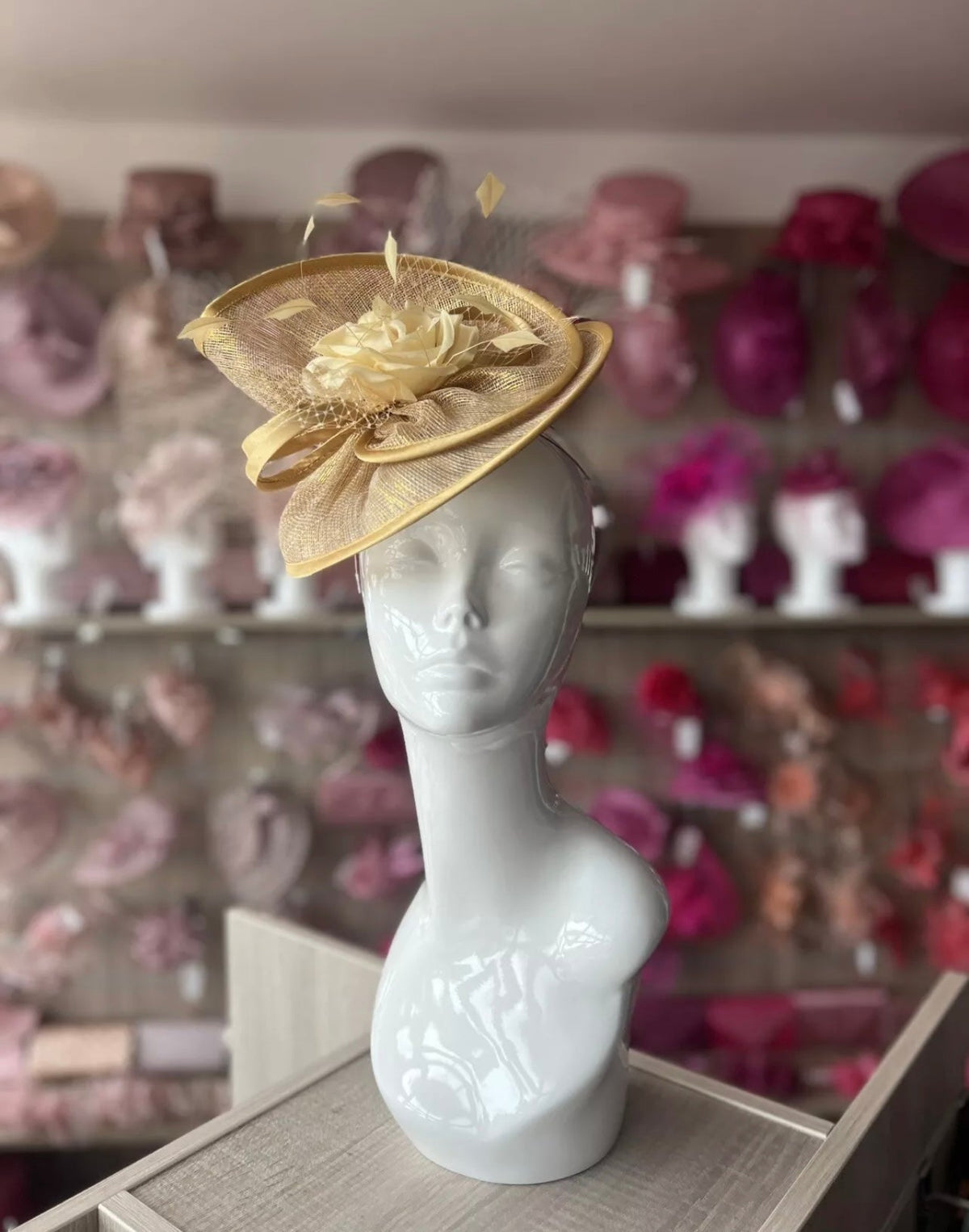 Metallic Gold Disc Fascinator with Fabric Rose &amp; Netting-Fascinators Direct