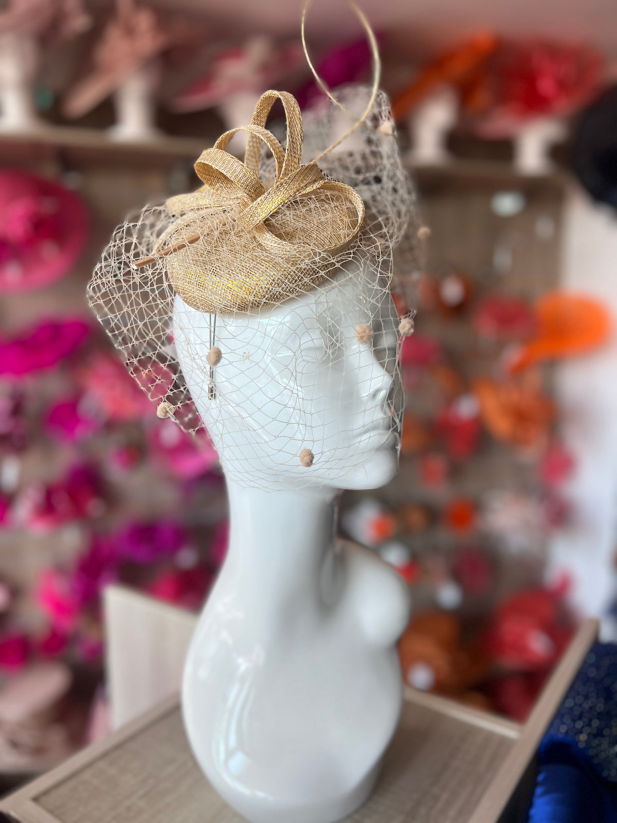 Metallic Gold Pillbox Hat with Veil &amp; Curled Quill-Fascinators Direct
