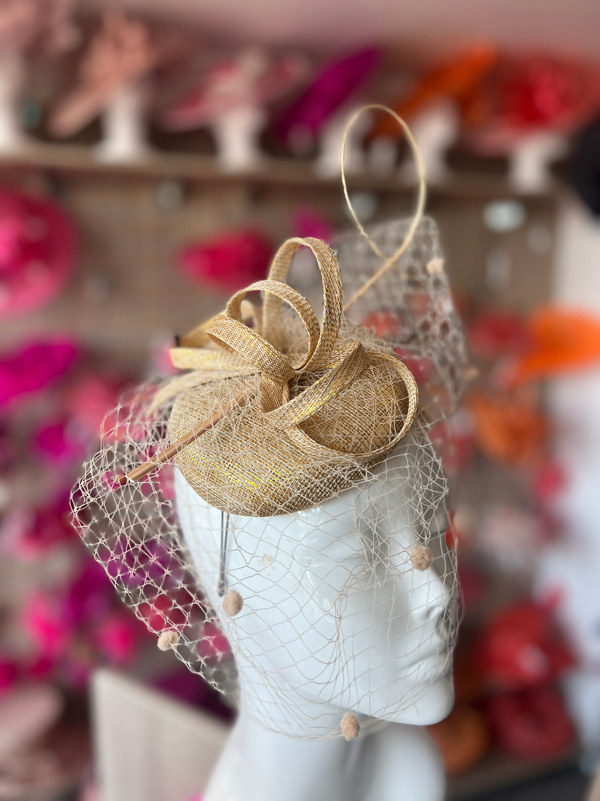 Metallic Gold Pillbox Hat with Veil &amp; Curled Quill-Fascinators Direct