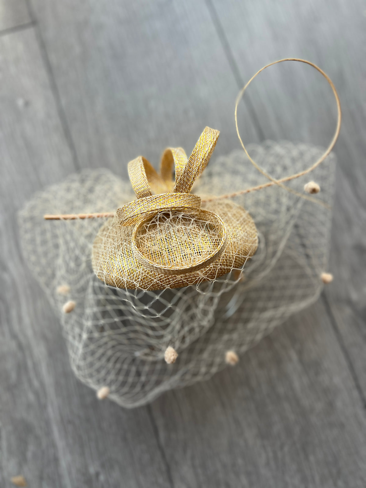 Metallic Gold Pillbox Hat with Veil &amp; Curled Quill-Fascinators Direct