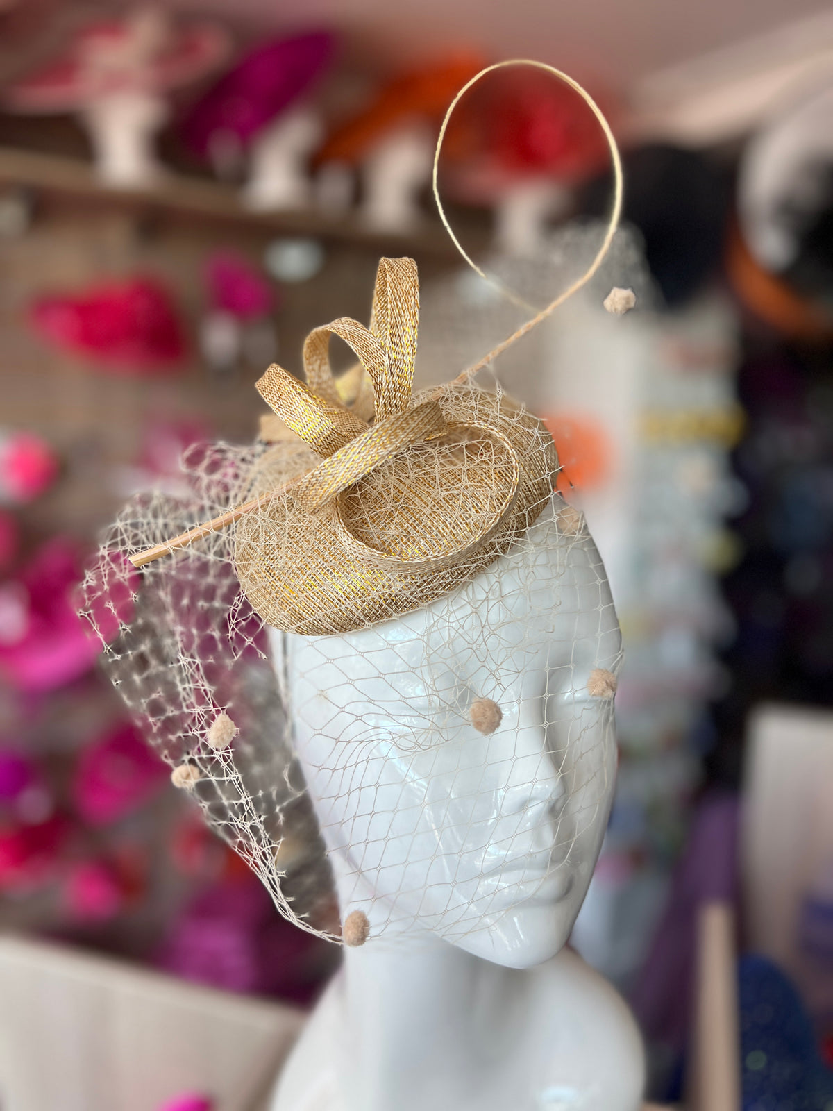 Metallic Gold Pillbox Hat with Veil &amp; Curled Quill-Fascinators Direct