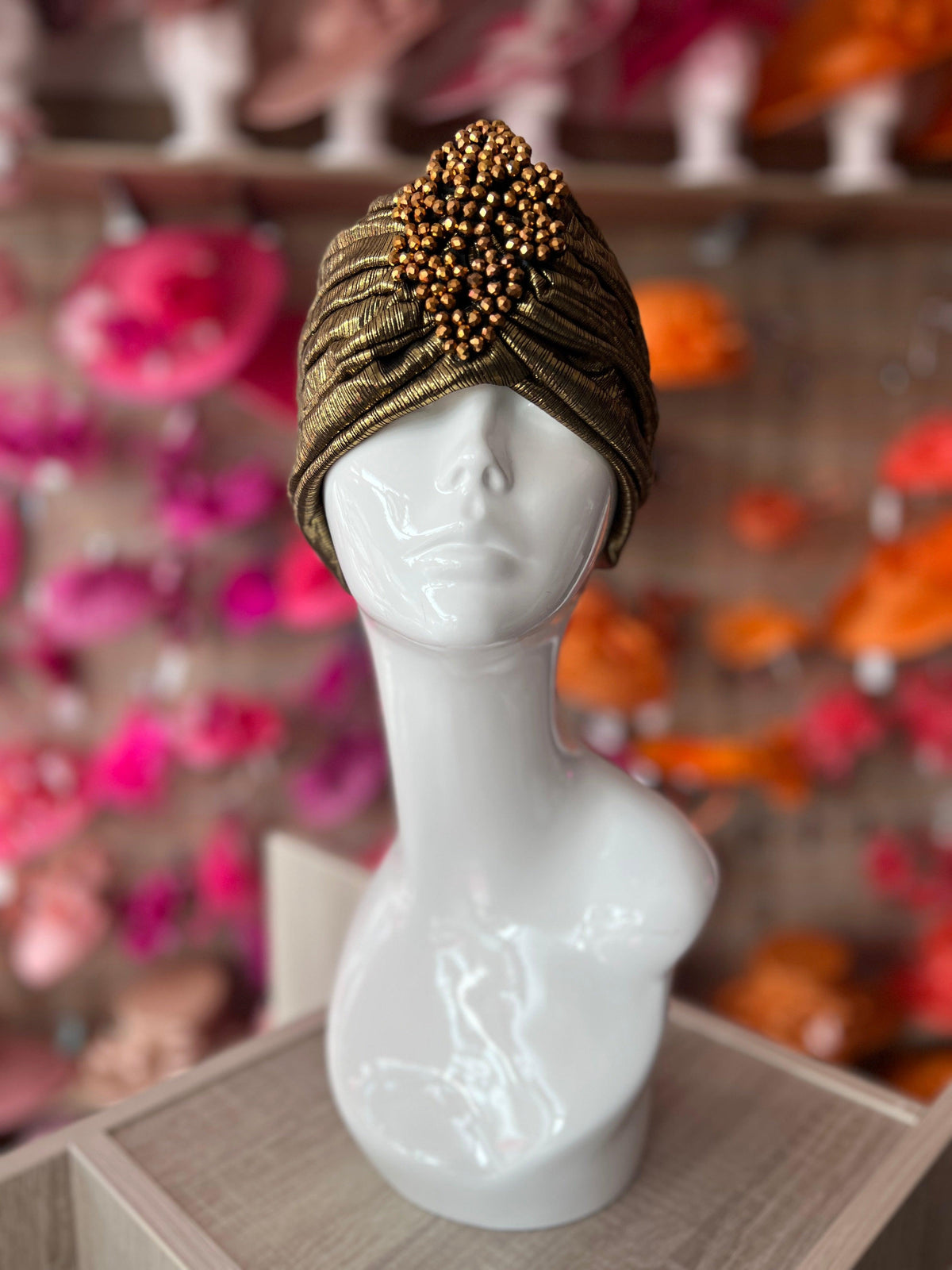 Metallic Gold Turban With Beaded Embellishment-Fascinators Direct