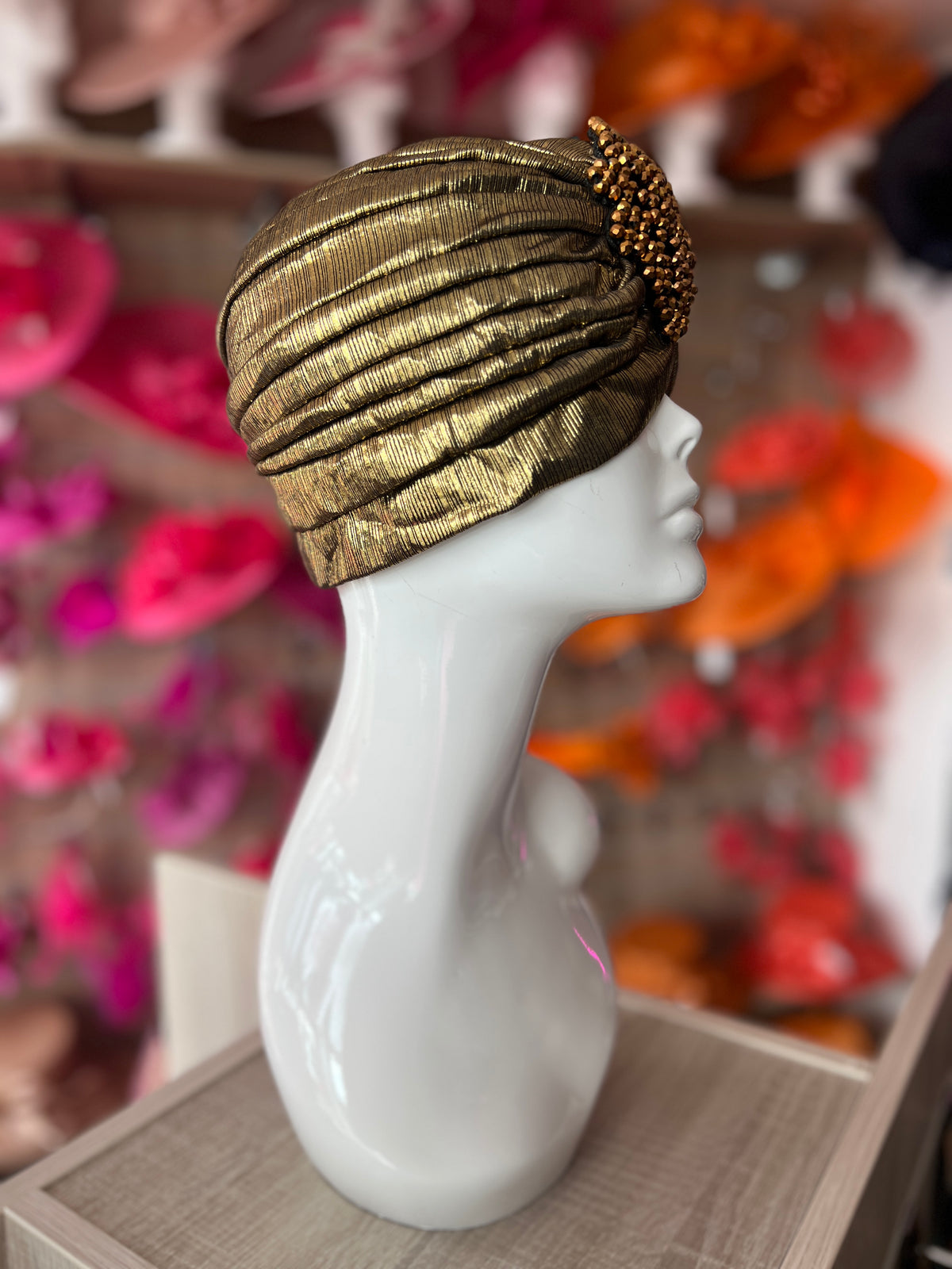 Metallic Gold Turban With Beaded Embellishment-Fascinators Direct