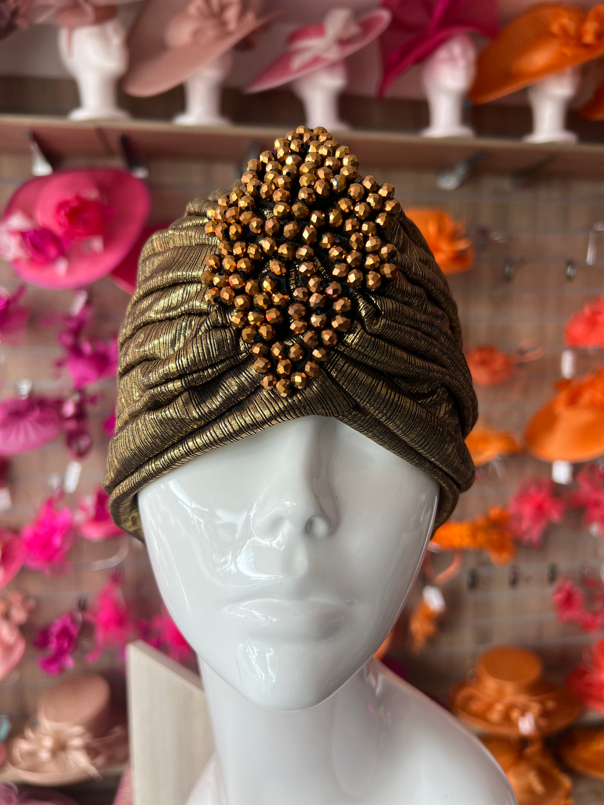Metallic Gold Turban With Beaded Embellishment-Fascinators Direct