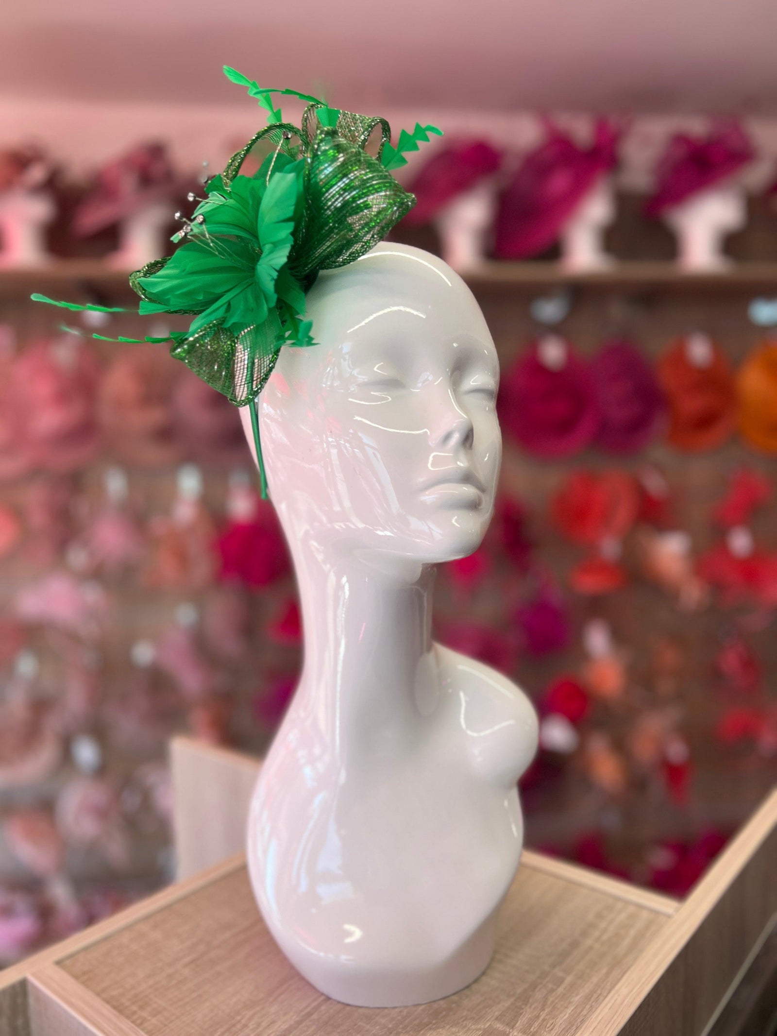 Metallic Green Hair Fascinator with Diamanté & Feather Flower-Fascinators Direct