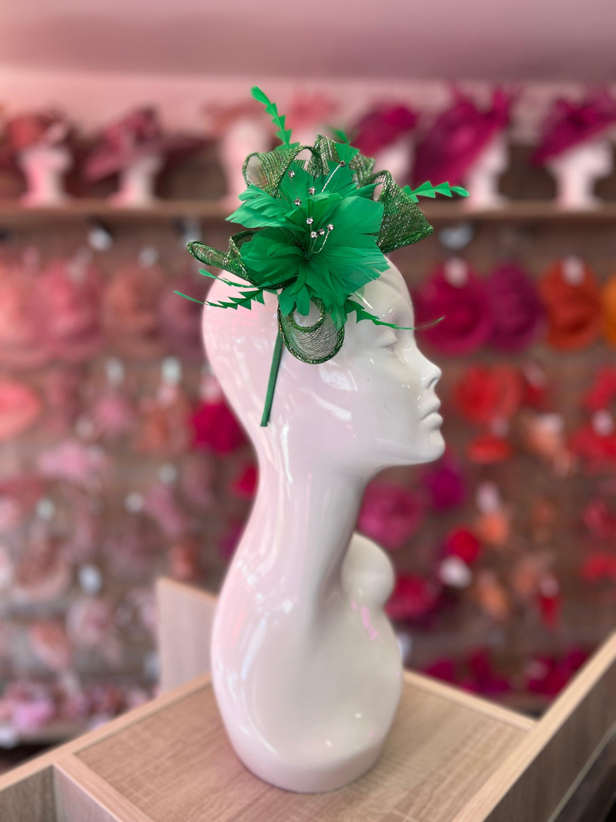 Metallic Green Hair Fascinator with Diamanté &amp; Feather Flower-Fascinators Direct