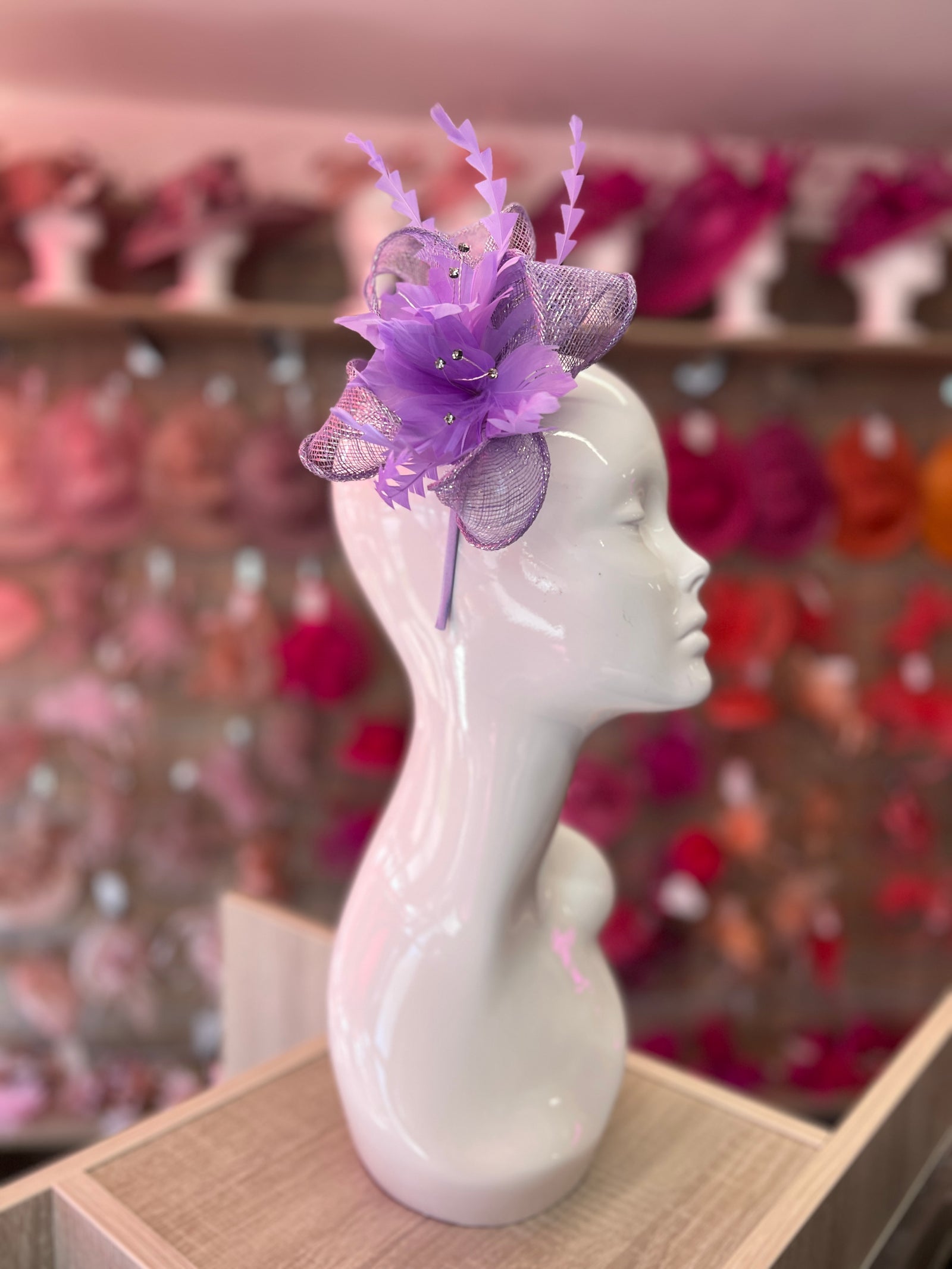 Metallic Lilac Hair Fascinator with Diamanté & Feather Flower-Fascinators Direct