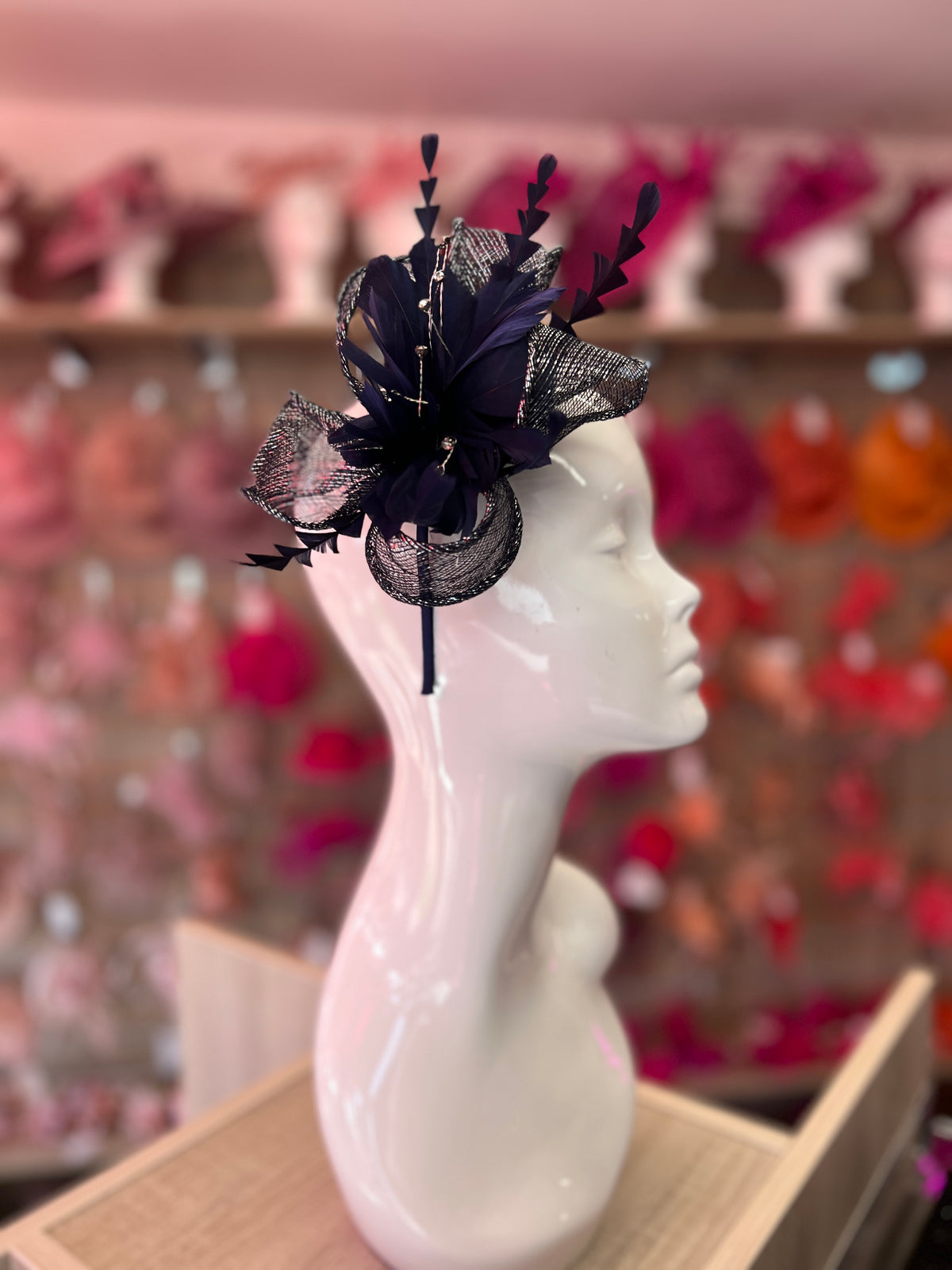Metallic Navy Hair Fascinator with Diamanté &amp; Feather Flower-Fascinators Direct