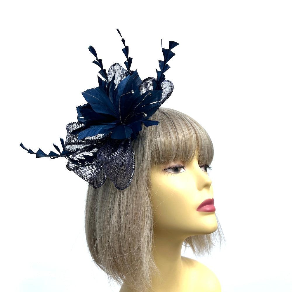Metallic Navy Hair Fascinator with Diamanté & Feather Flower-Fascinators Direct
