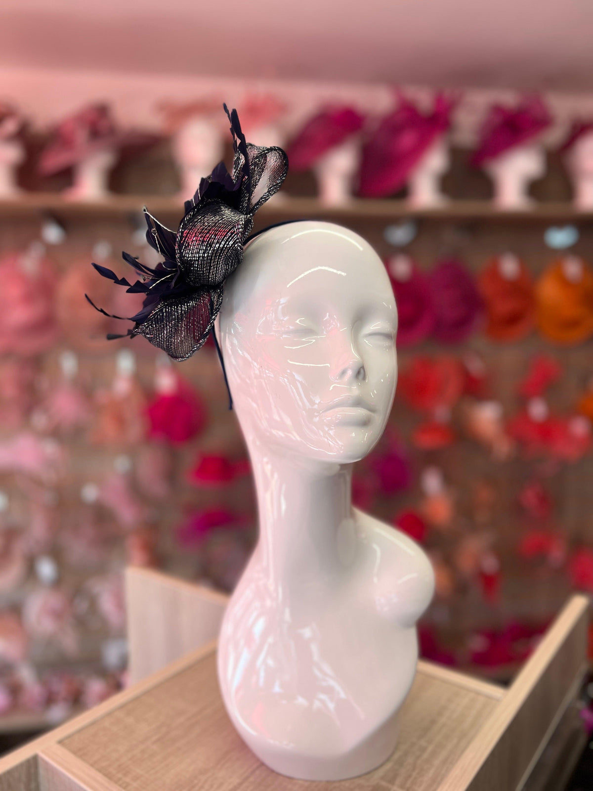 Metallic Navy Hair Fascinator with Diamanté &amp; Feather Flower-Fascinators Direct