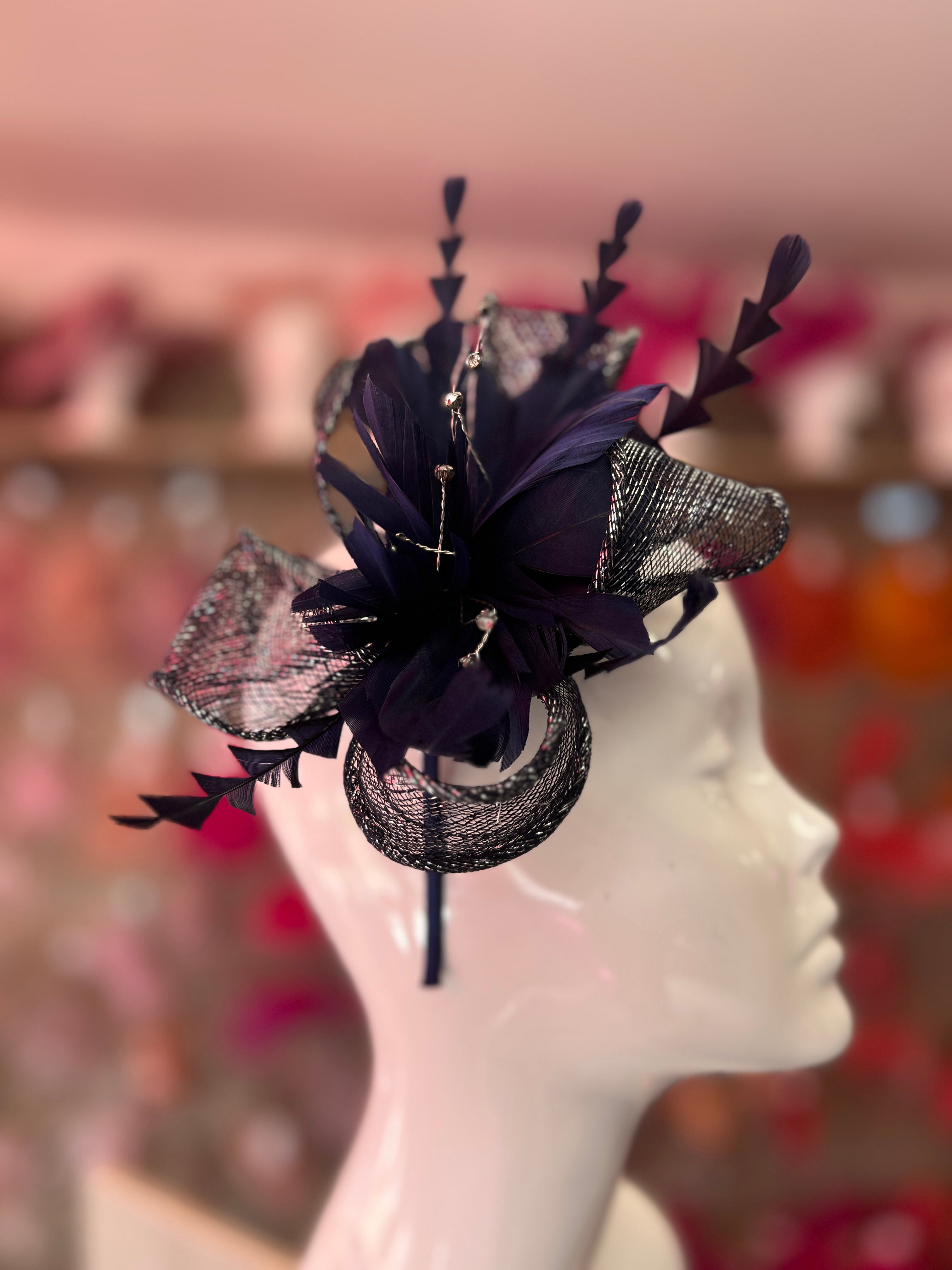 Metallic Navy Hair Fascinator with Diamanté Feather Flower