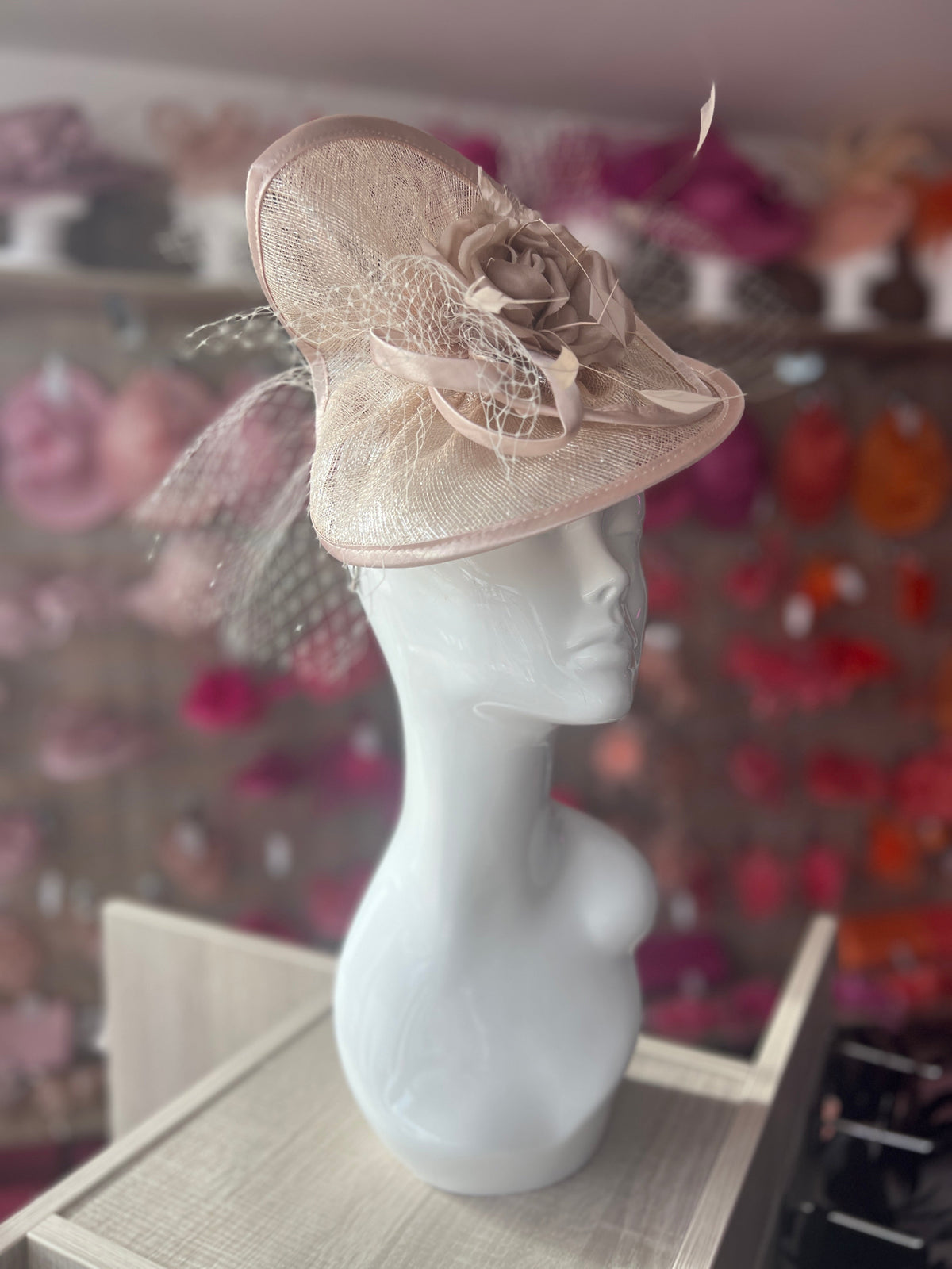 Metallic Nude Disc Fascinator with Fabric Rose &amp; Netting-Fascinators Direct