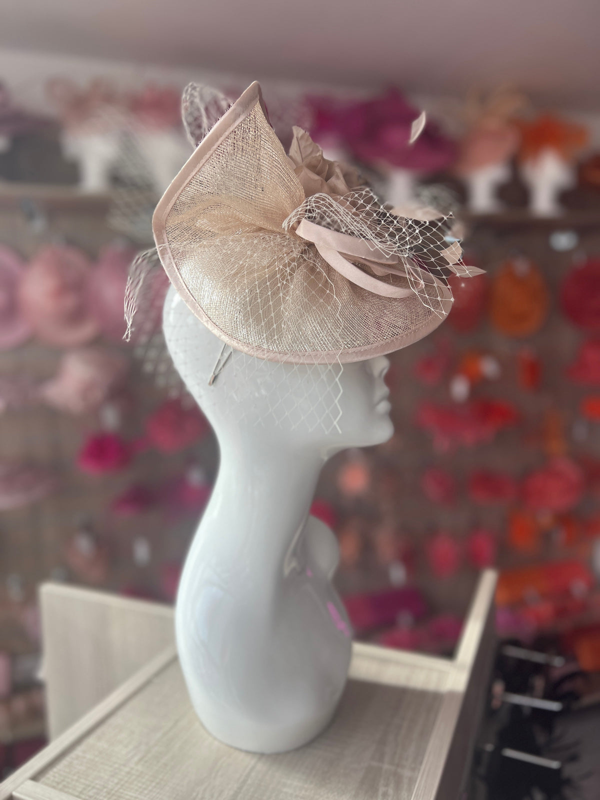 Metallic Nude Disc Fascinator with Fabric Rose &amp; Netting-Fascinators Direct