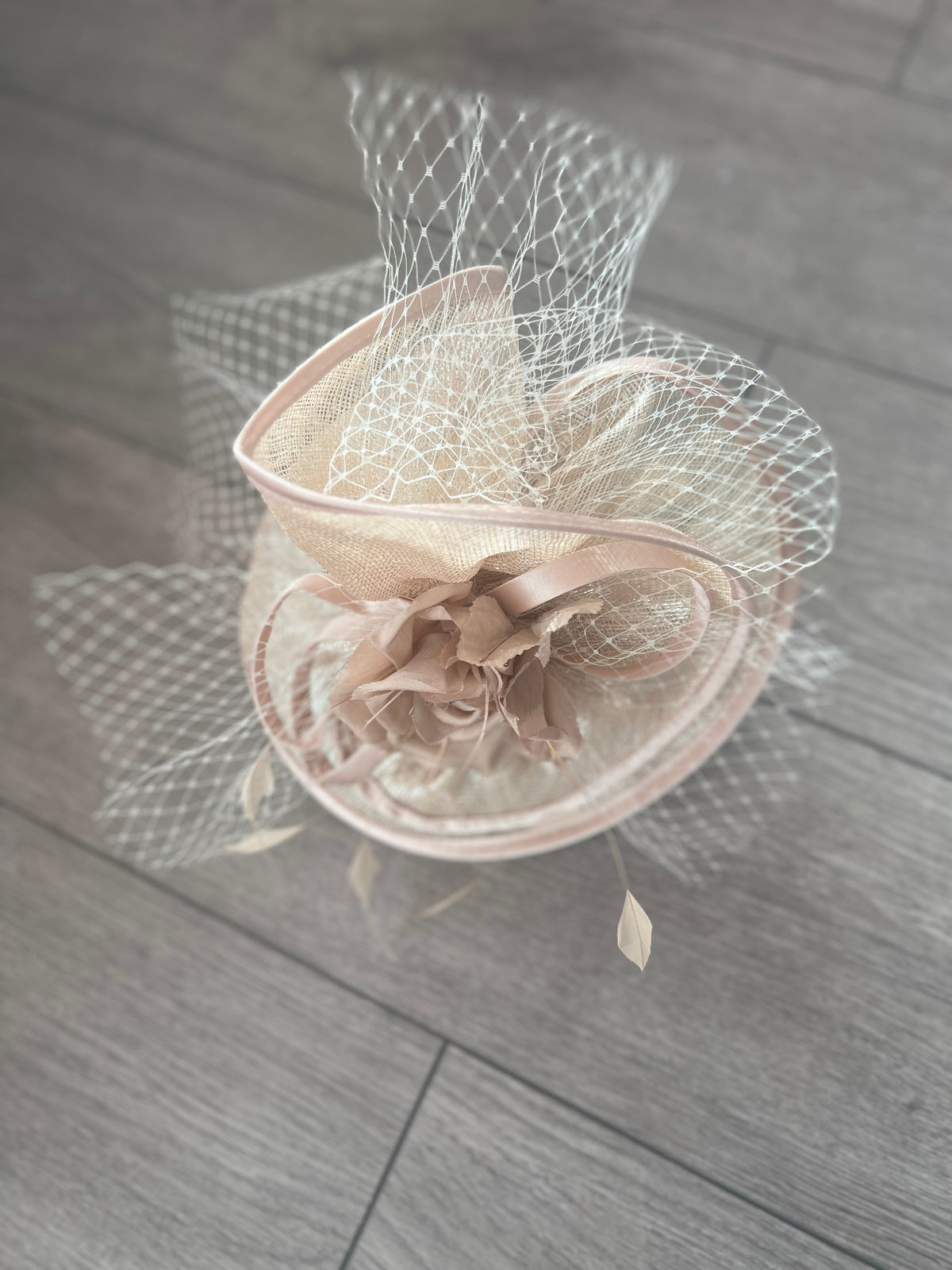 Metallic Nude Disc Fascinator with Fabric Rose &amp; Netting-Fascinators Direct