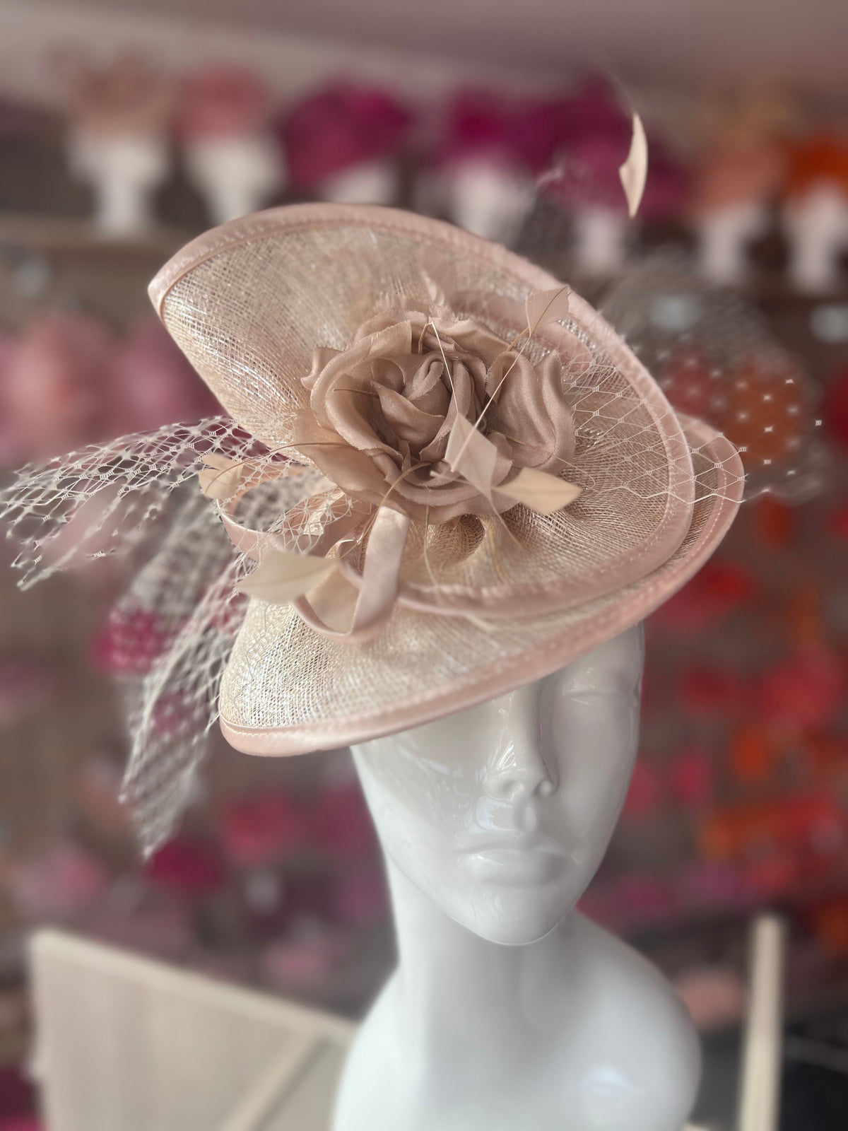 Metallic Nude Disc Fascinator with Fabric Rose &amp; Netting-Fascinators Direct