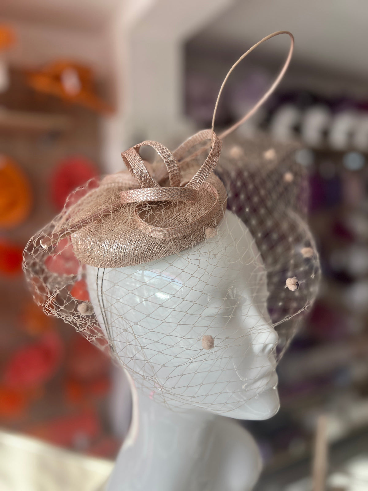 Metallic Nude Pillbox Hat with Veil &amp; Curled Quill-Fascinators Direct